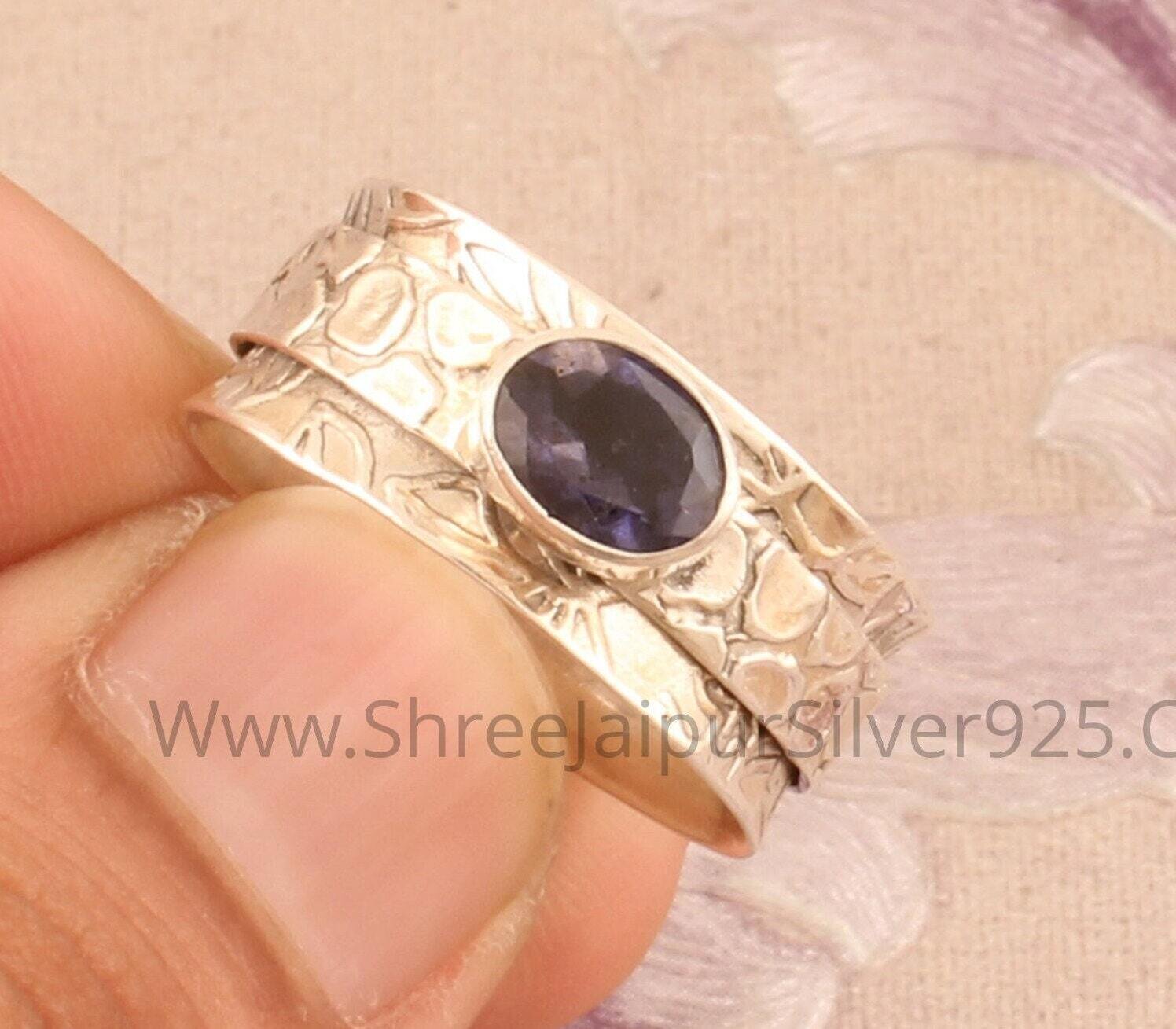 Natural Iolite Gemstone Solid 925 Sterling Silver, Handmade Carved Silver Band Ring, Boho Iolite Worry Rings, Anxiety Ring For Women Gift