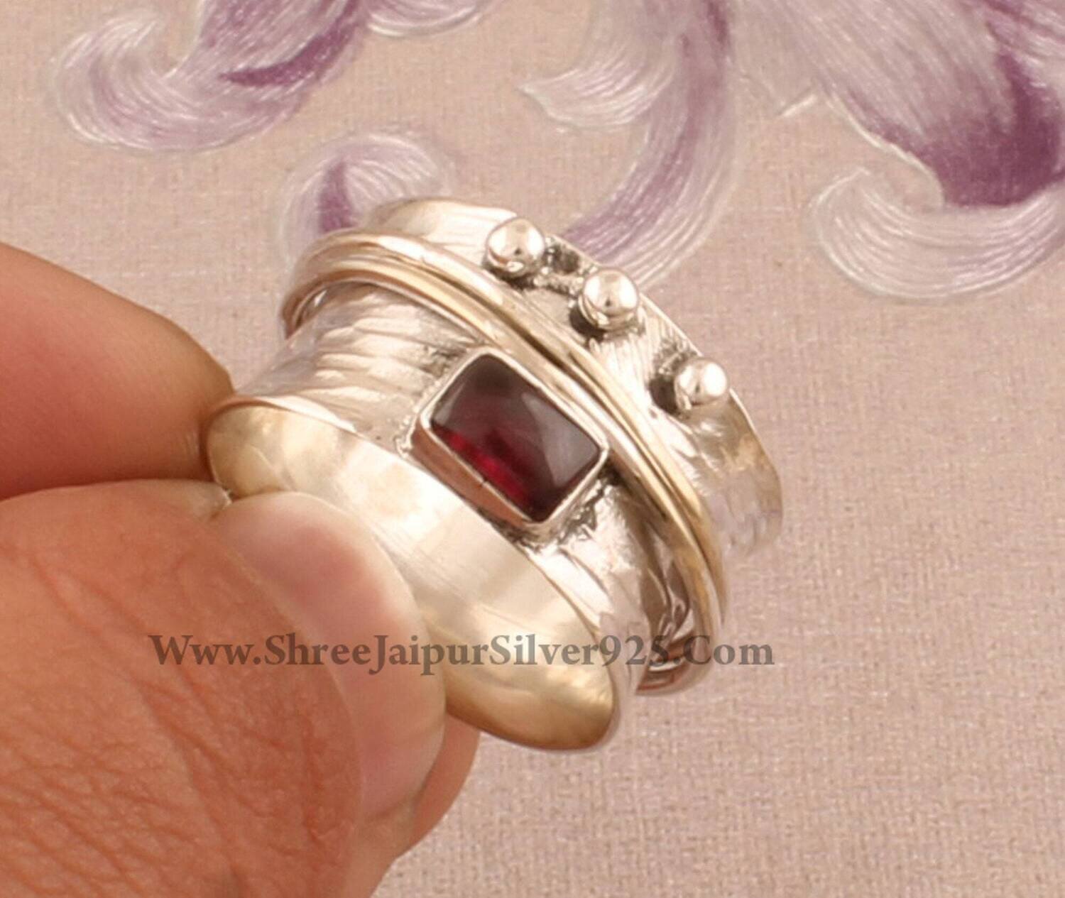 925 Sterling Silver Natural Red Garnet Spinner Ring, Designer Handmade Meditation Ring Boho Ring, Wedding Jewelry, Present For Her Gift Idea