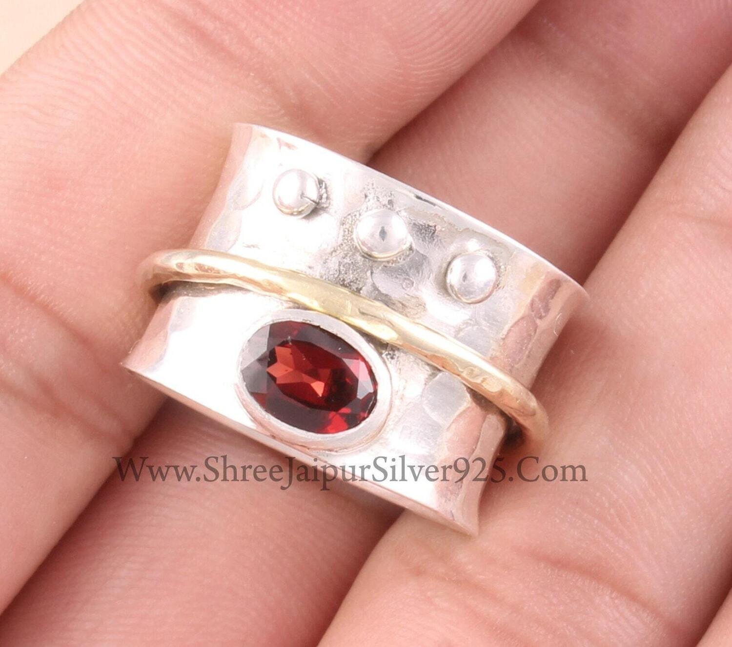 Red Garnet Oval Cut Solid 925 Sterling Silver Spinner Ring For Women, Handmade Hammered Band Two Tone Anxiety Fidget Ring Gifts For Her