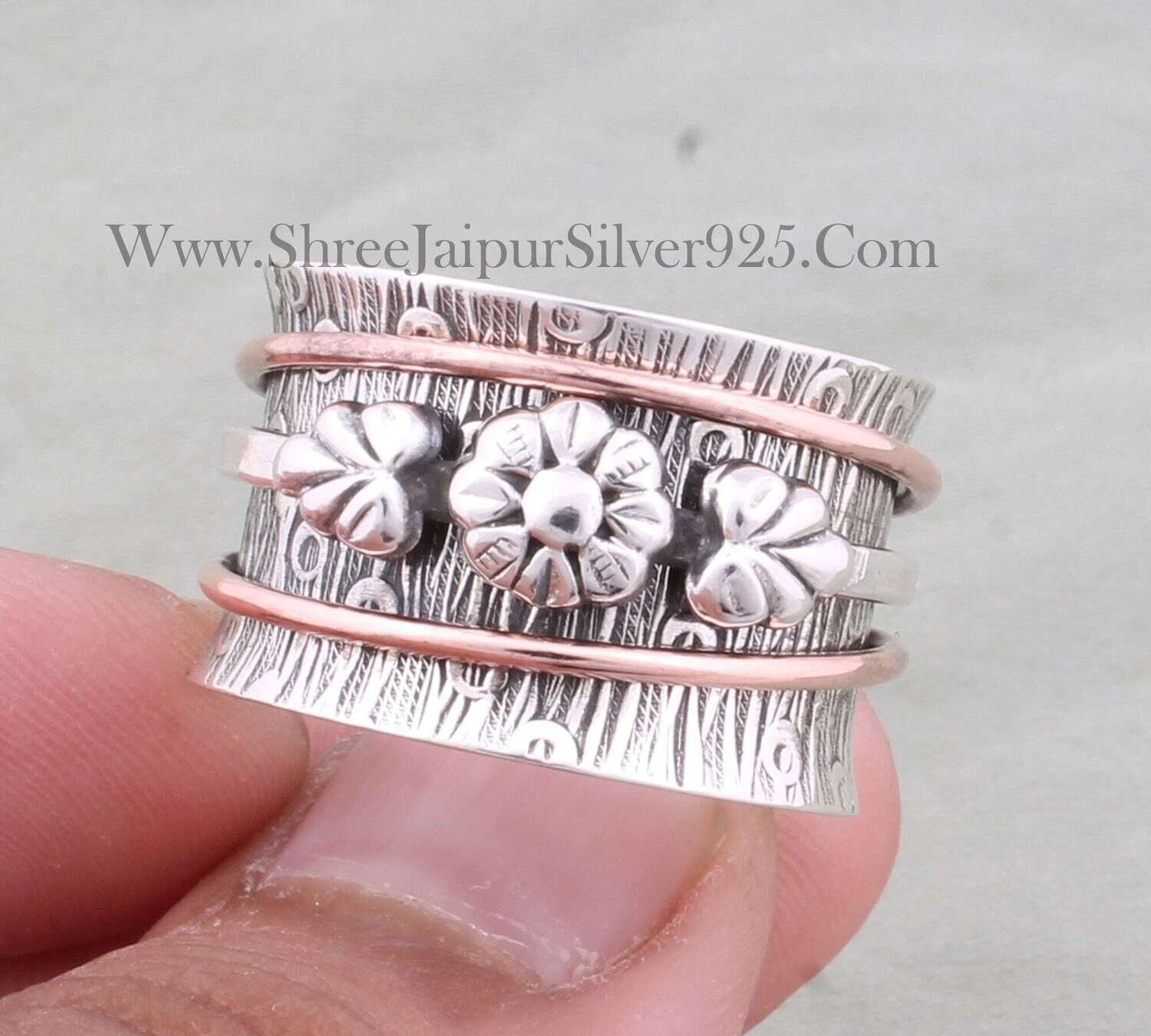 Engraved 925 Sterling Silver Designer Spinner Ring For Women, Handmade Two Tone Meditation Band Ring For Her, Silver Fidget Anxiety Ring