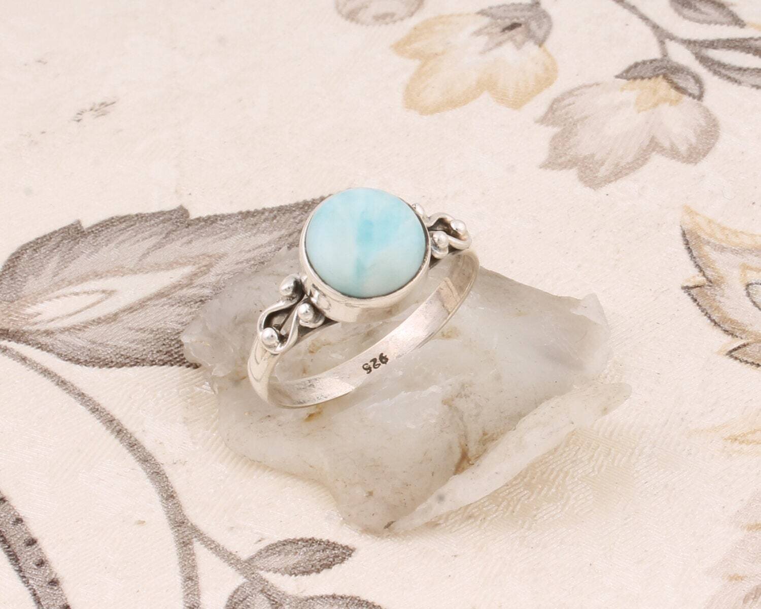 Simple Round Shape Ring 925-Sterling Solid Silver Ring With Natural Larimar Top Quality Gemstone Ring Handmade Boho Ring Middle Finger Ring