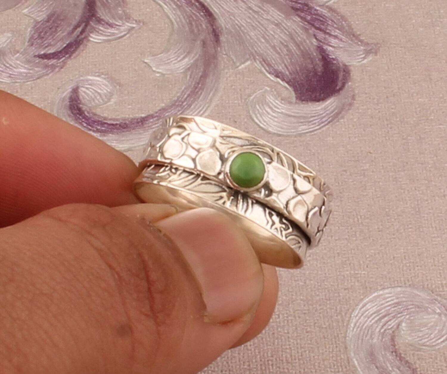 925 Sterling Silver Green Copper Turquoise Spinner Ring, Handmade Silver Meditation Ring, Silver Boho Worry Ring, Valentine's Day Gift idea,