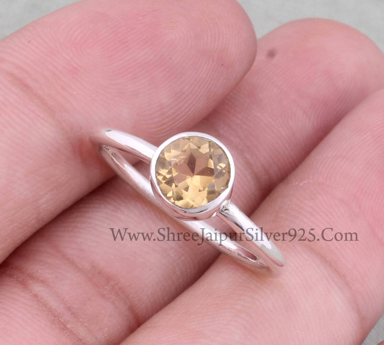 Natural Citrine Round Cut Stone Solid 925 Sterling Silver Ring For Women, Handmade Round Solid Silver Ring Gifts For Her Wedding Anniversary