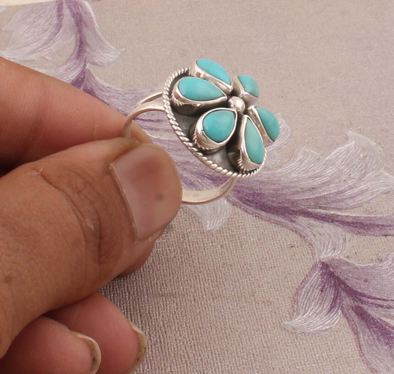 Sleeping Beauty Turquoise Gemstone Ring,925-Sterling Silver Ring,Antique Silver Ring,Middle Finger Ring Six Stone Ring Gift Item Ring