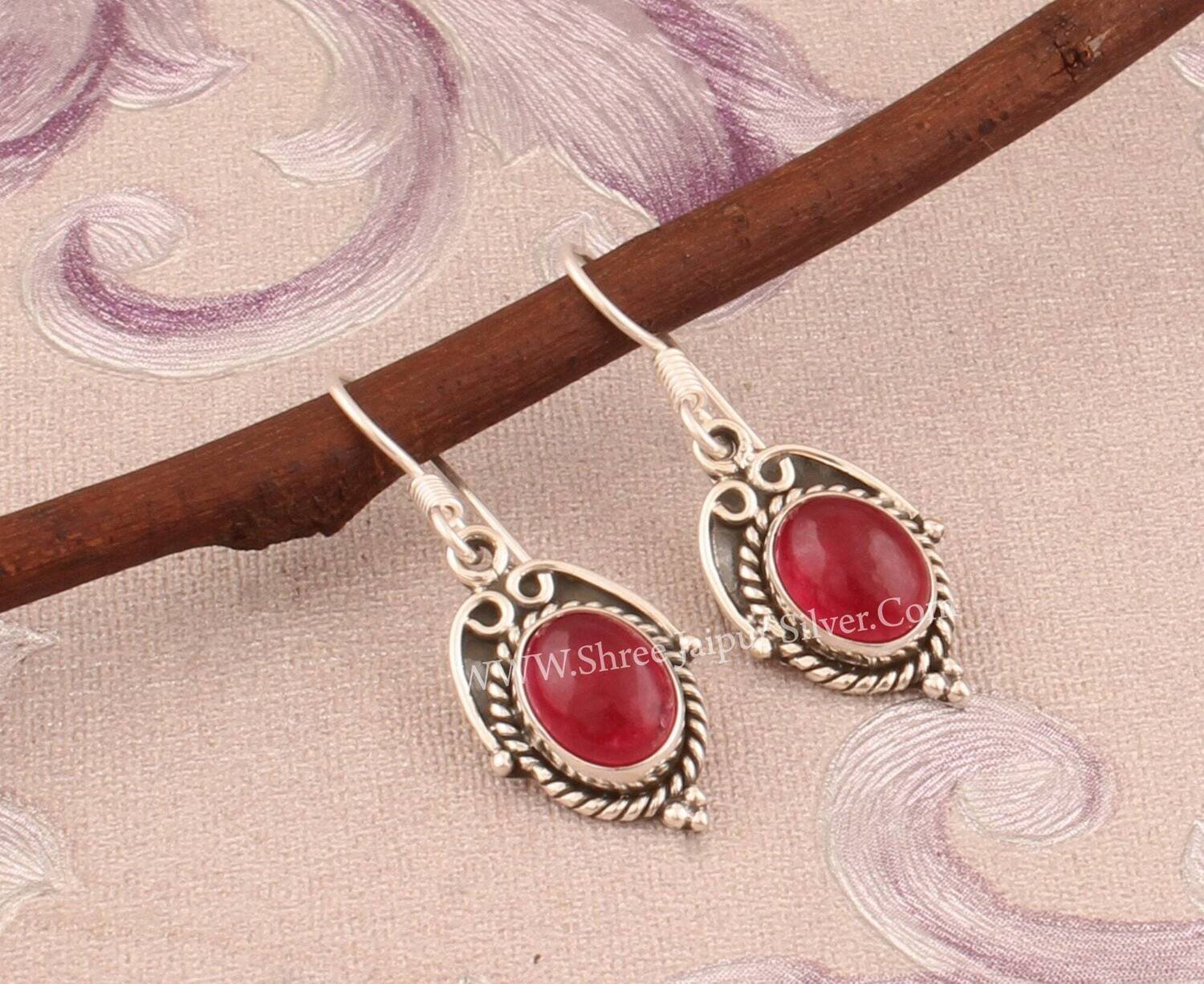 925 Sterling Silver Pink Jade Oval Shape Gemstone Earrings, Handmade Designer Boho Silver Earrings, Valentine's Day Jewelry, Gift For her