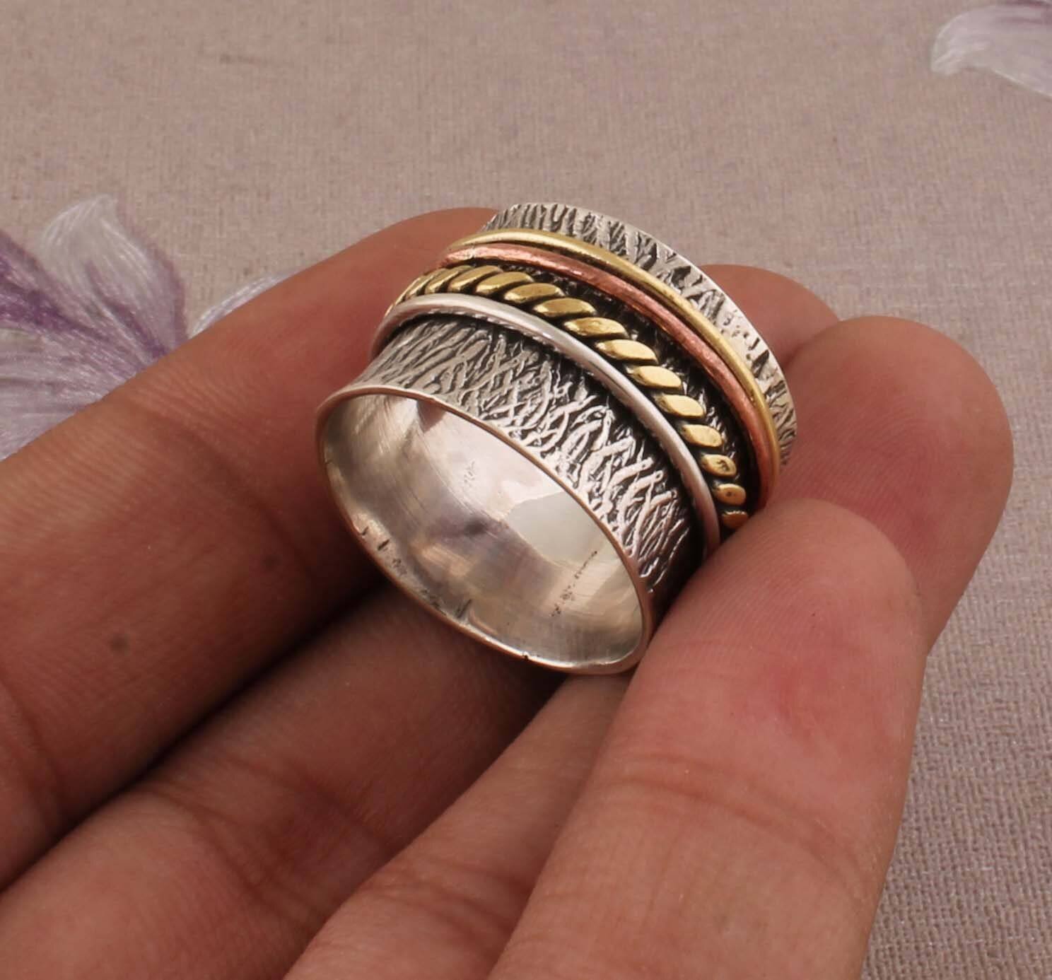 Three Tone Ring 925-Sterling Silver Ring,Spinner Ring,Antique Silver Ring,Brass With Copper With Silver Spinner Meditation Ring Thumb Ring