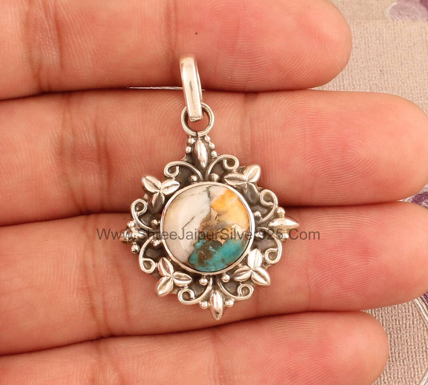 Oyster Copper Turquoise Solid 925 Sterling Silver Necklace Pendant For Women Handmade Round Flower Pendant For Wedding Anniversary Gift Idea