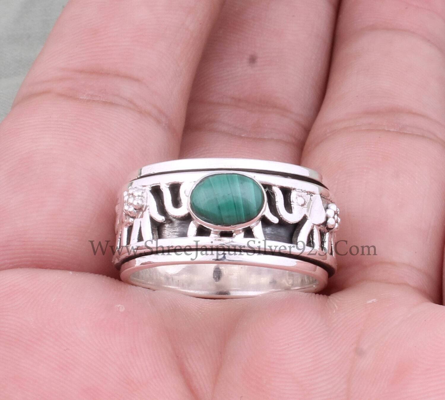 Natural Malachite Oval Solid 925 Sterling Silver Elephant Spinner Ring For Women, Handmade Band Anxiety Fidget Ring Gift For Her Anniversary
