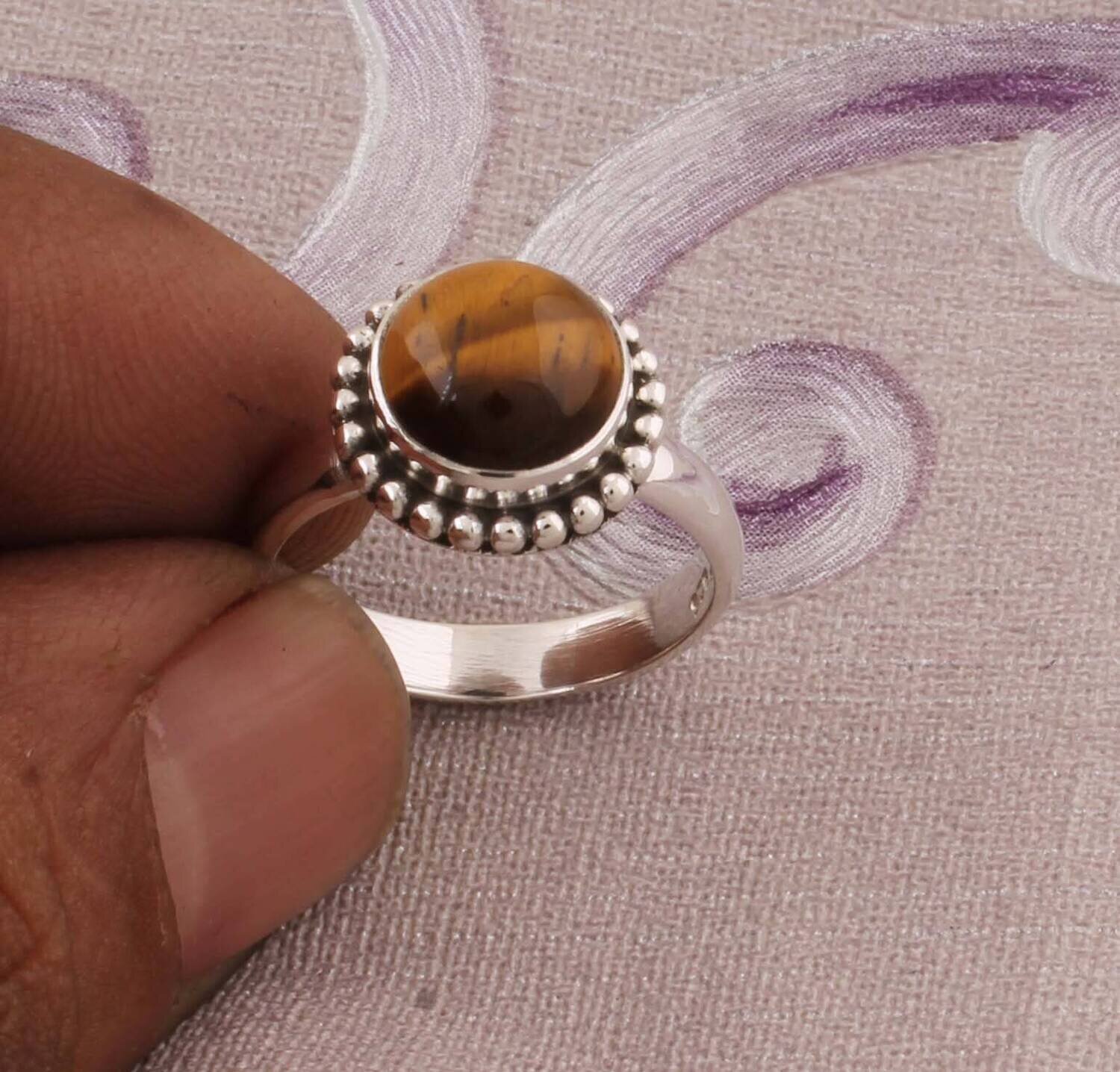 Tiger-Eye AAA+Quality Gemstone Ring Round Stone Boho Ring 925-Sterling Solid Silver Ring,Middle Finger Ring Simple Ring Gift Item Ring