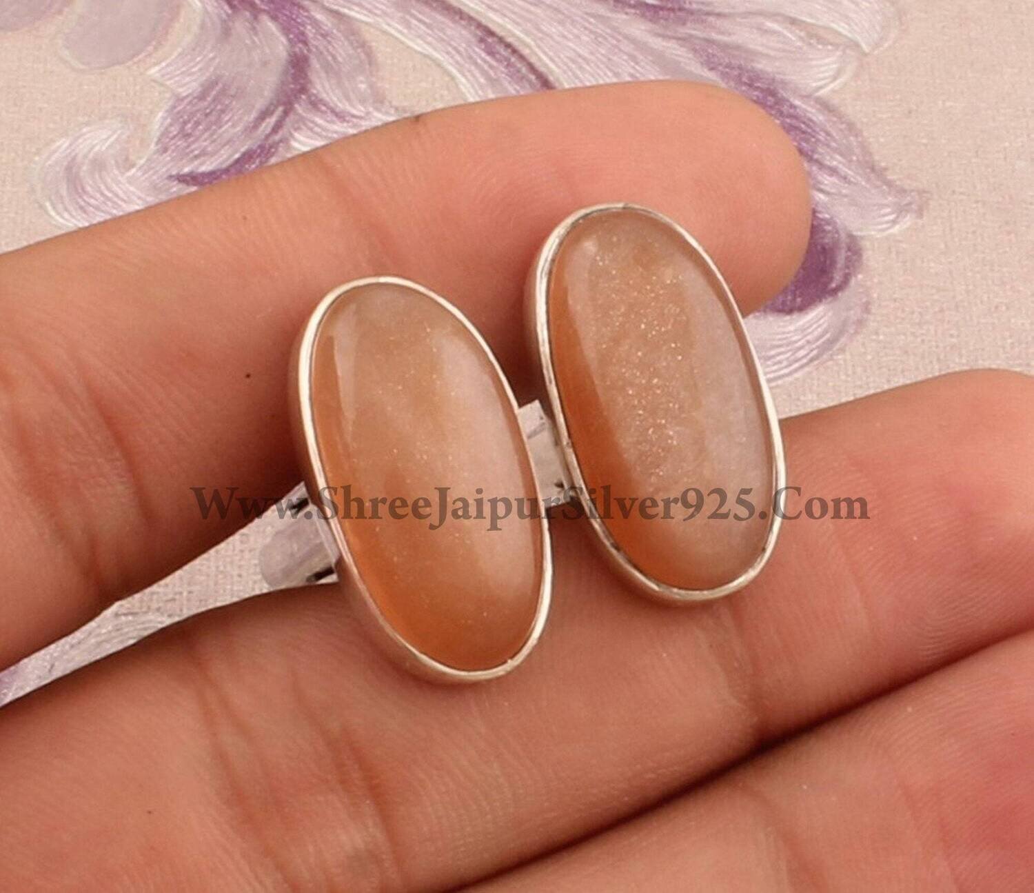 Natural Peach Moonstone Silver Cufflink, Men's Jewelry 925 Sterling Silver Cufflink, Oval Gemstone Cufflink, Handmade Cufflink, Gift For Him