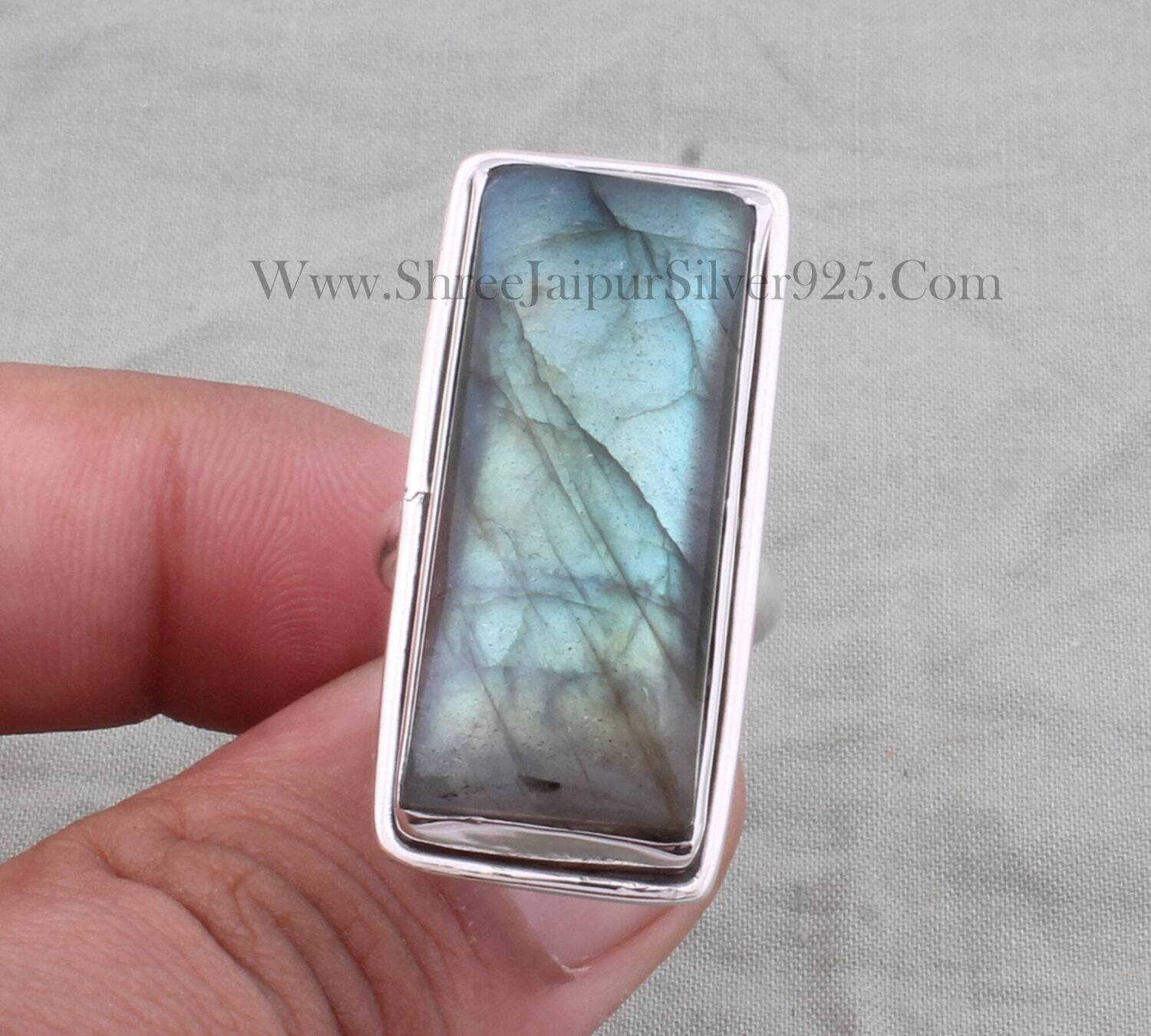 Natural Labradorite Solid 925 Sterling Silver Ring For Women, Handmade Rectangle Bar Stone Band Ring For Wedding Anniversary Gift For Women