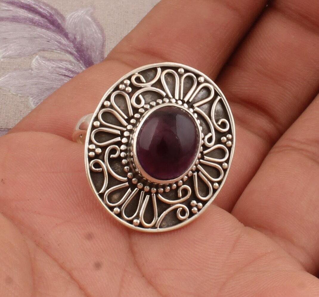 Amethyst Top Quality Gemstone Ring,Oval Stone Ring,925 Sterling Silver Ring,Purple Stone With Silver Ring,Middle Finger Ring,Gift For Her