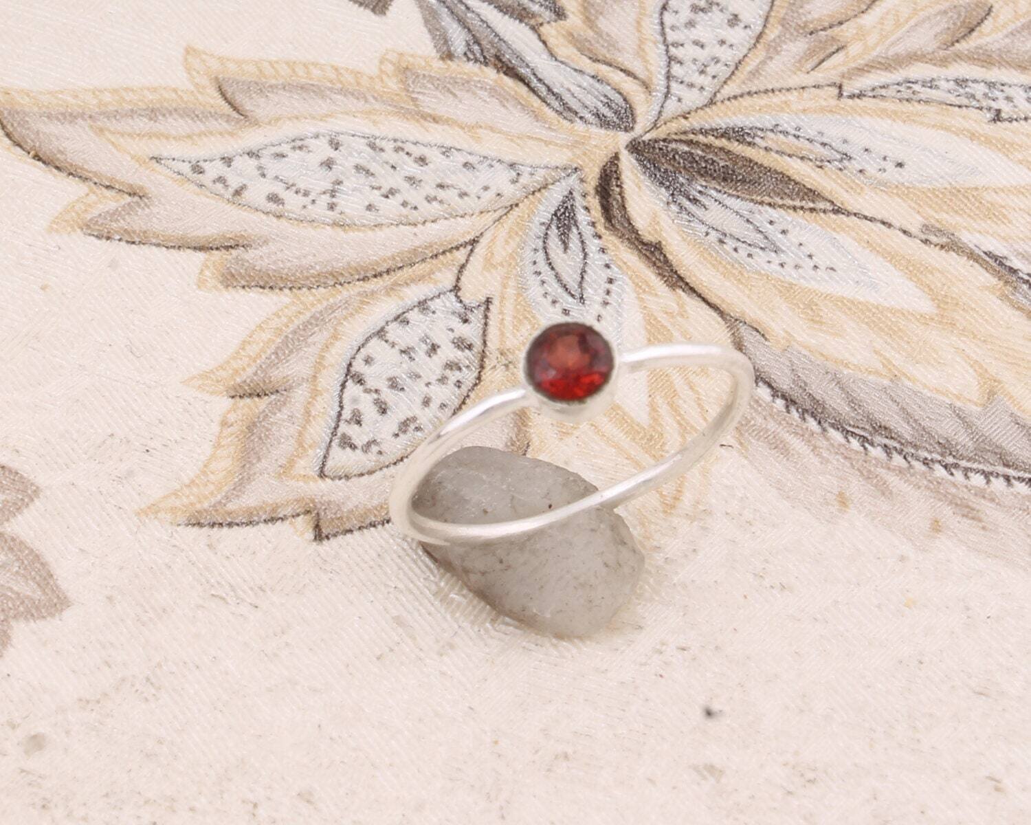 Simple Round Ring Gift For You ! Solid 925-Sterling Silver Ring With Red Garnet Gemstone Ring Handcrafted,Charm Boho Ring L#-282930-R