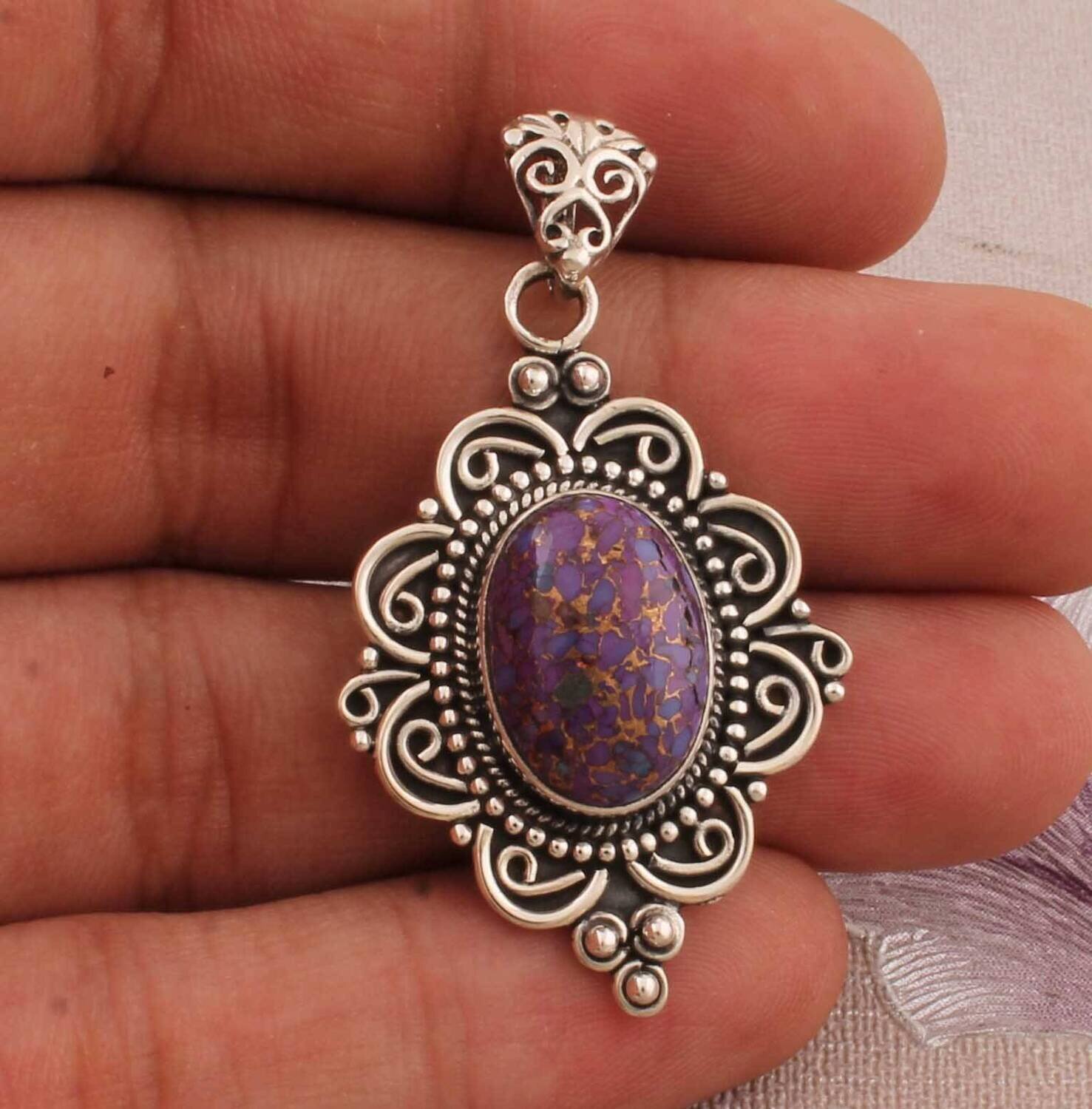 925 Sterling Silver Pendant For Women Composite Turquoise Pendant Purple Oval Handmade Gemstone Silver Turquoise Jewelry Gifts For Birthday