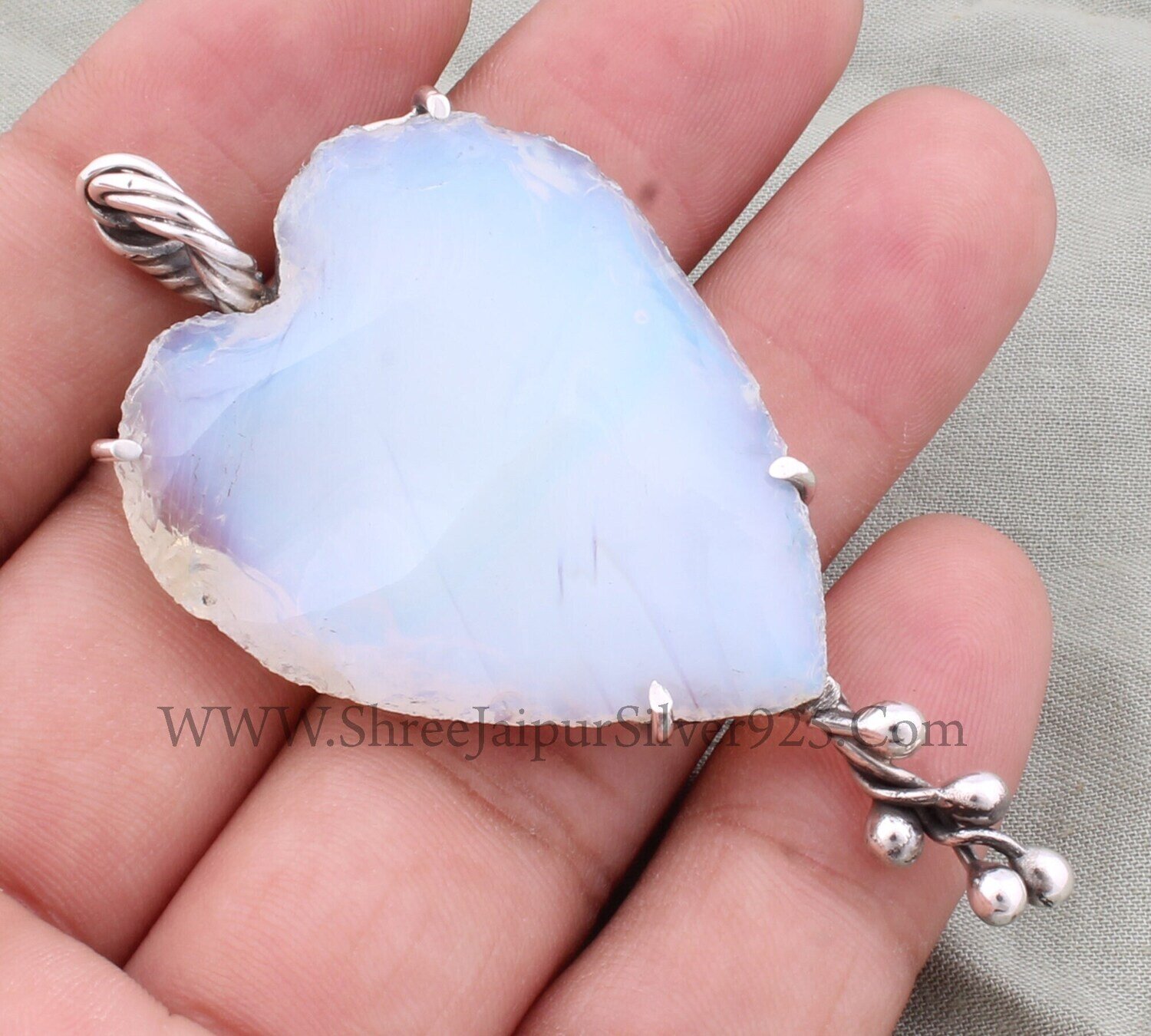 Opalite Solid 925 Sterling Silver Necklace Pendant For Women, Metaphysical Carving Pendant, Prong Set Wire Wrapped Opalite Heart Pendant