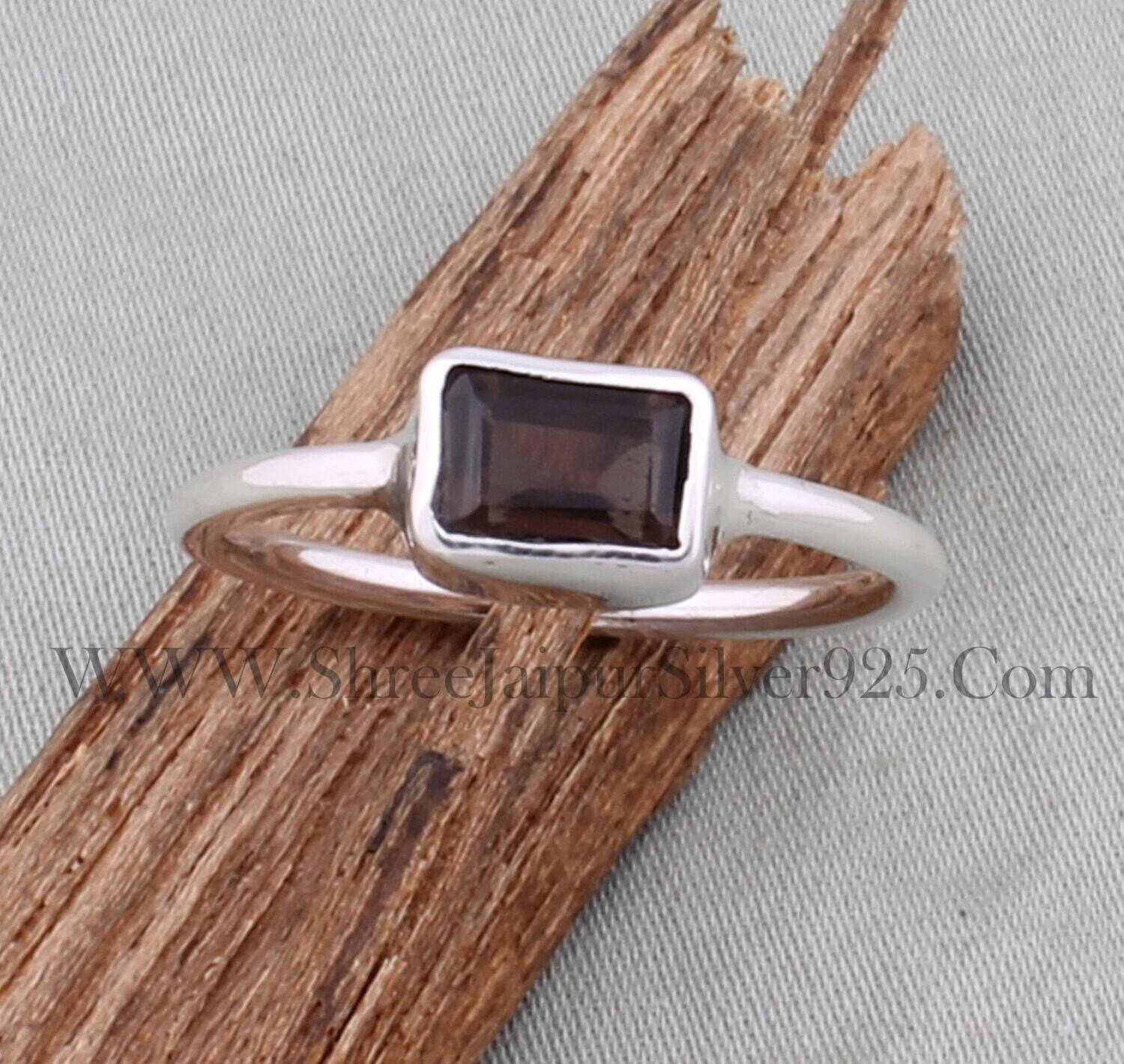 Smoky Topaz Solid 925 Sterling Silver Ring For Women, Emerald Cut Stone Ring, Handmade Rectangle Stone Band Ring Wedding Anniversary Gift
