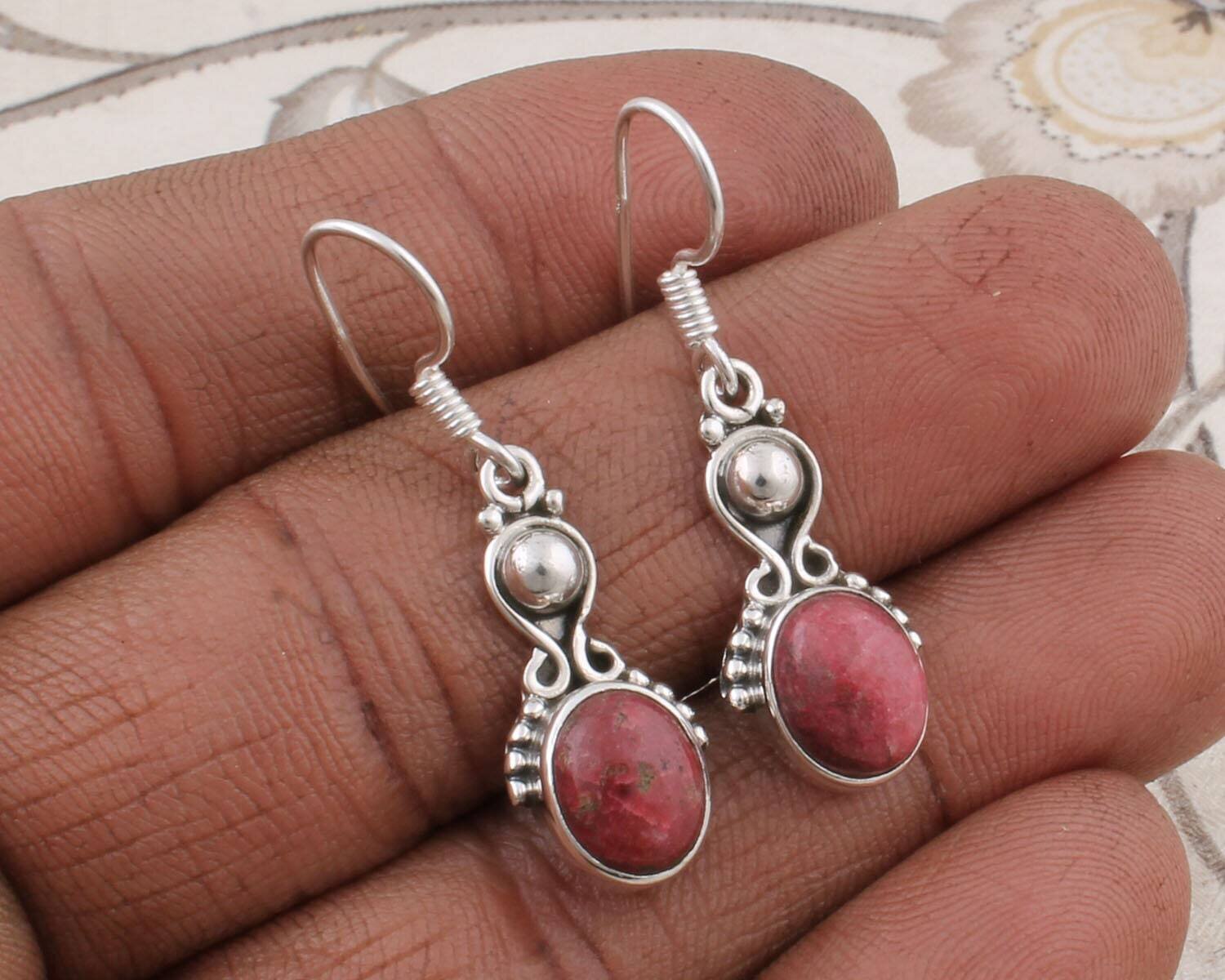 Real Thulite Top Quality Gemstone Handmade Earring Cabochon Stone Boho Earring 925-Antique Silver Earring Etsy Cyber Valentine's Day Gift