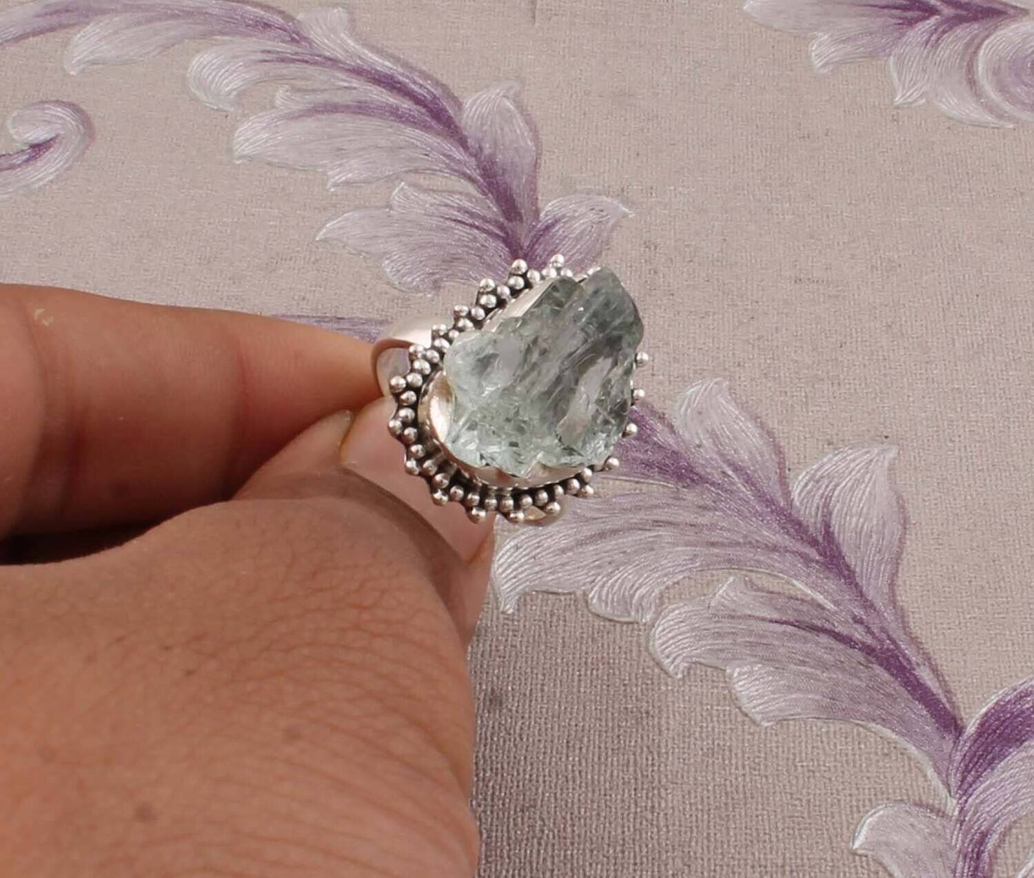 Natural Aquamarine Raw Gemstone Ring, 925 Sterling Silver Ring, Handmade Ring, Engagement Ring, Dotted Design Ring, Women Jewelry Gift