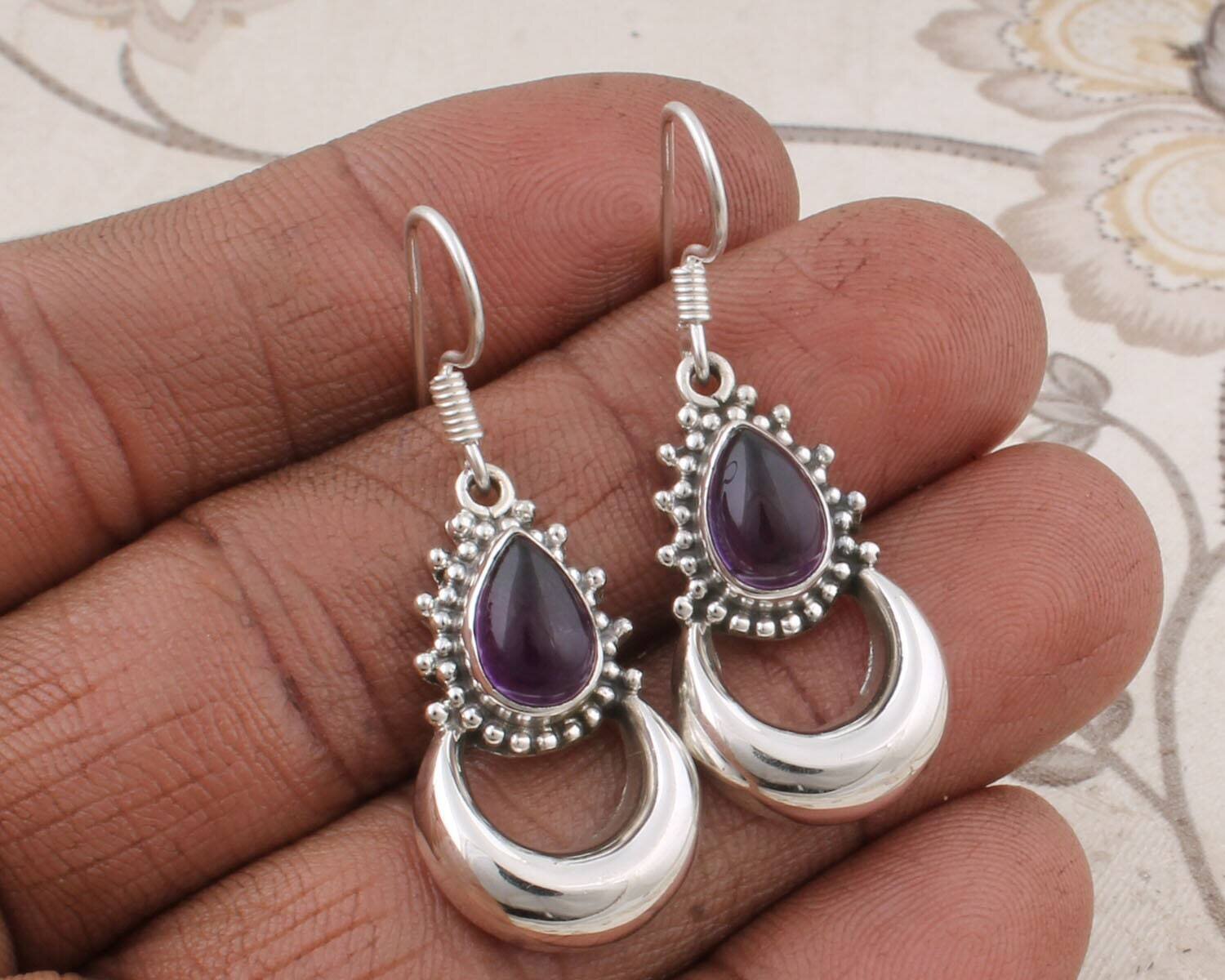 Real Amethyst Top Quality Gemstone Handicraft Earring Cabochon Stone Boho Earring 925-Antique Silver Earring Etsy Cyber Valentine's Day Gift