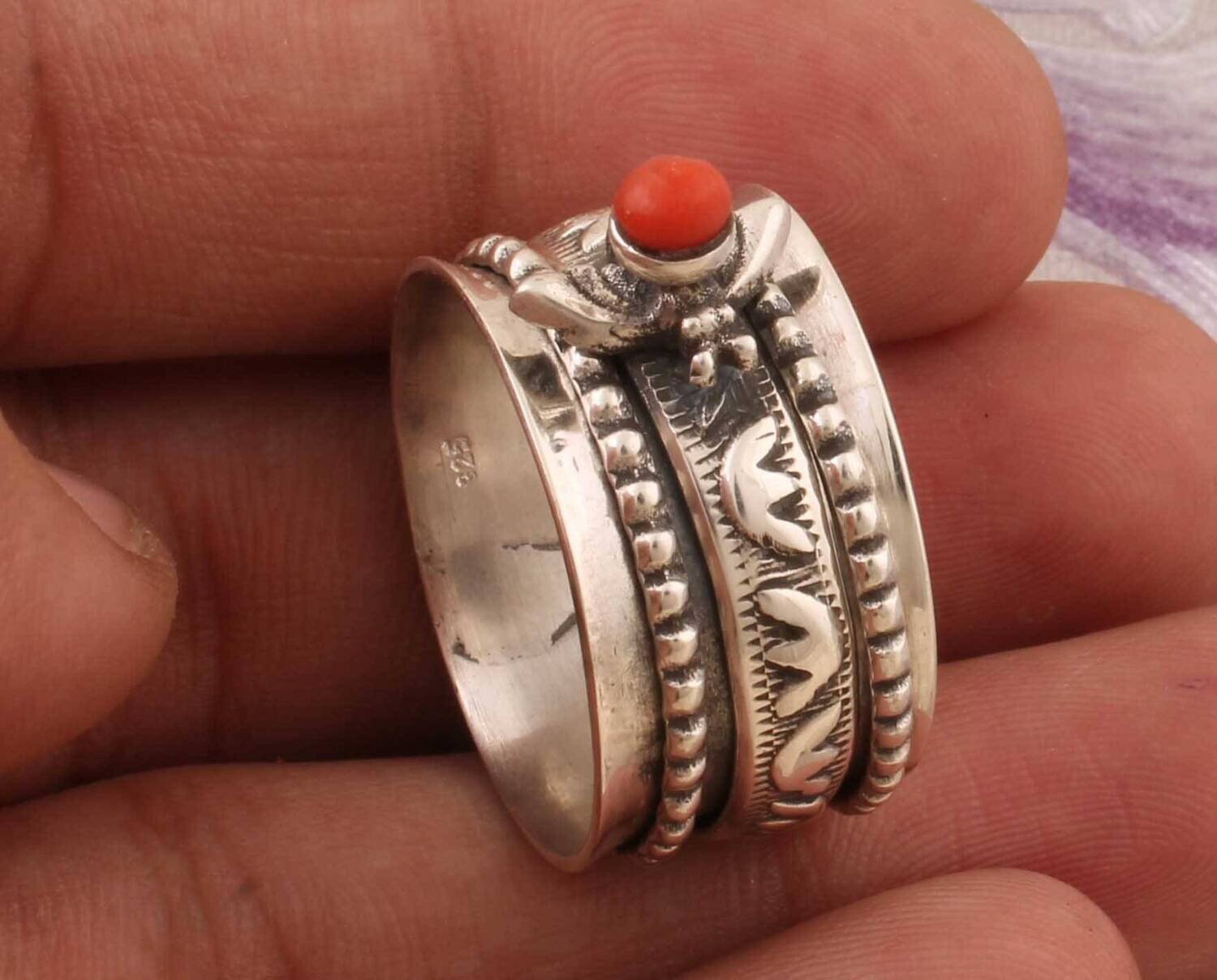 Amazing Coral Top Quality Gemstone Ring 925-Antique Silver Ring,Silver Spinner Ring,Small Stone Ring Thumb Ring Spinner Ring Gift For Her