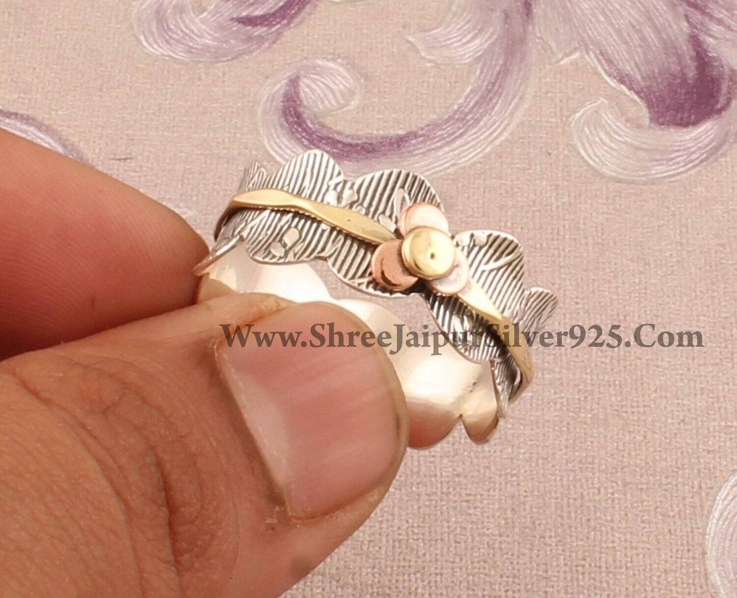 Boho Wave Hand Carved Band Three Tone Spinner Ring, 925 Sterling Silver &amp; Brass Floral Worry Ring, Present For Her Valentine's Day Gift Idea