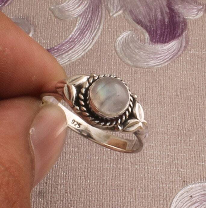 Rainbow Moonstone Silver Ring, 925 Sterling Silver Round Gemstone Ring, Designer Leaves Ring, Handcrafted Ring, Engagement Ring, Gift Idea
