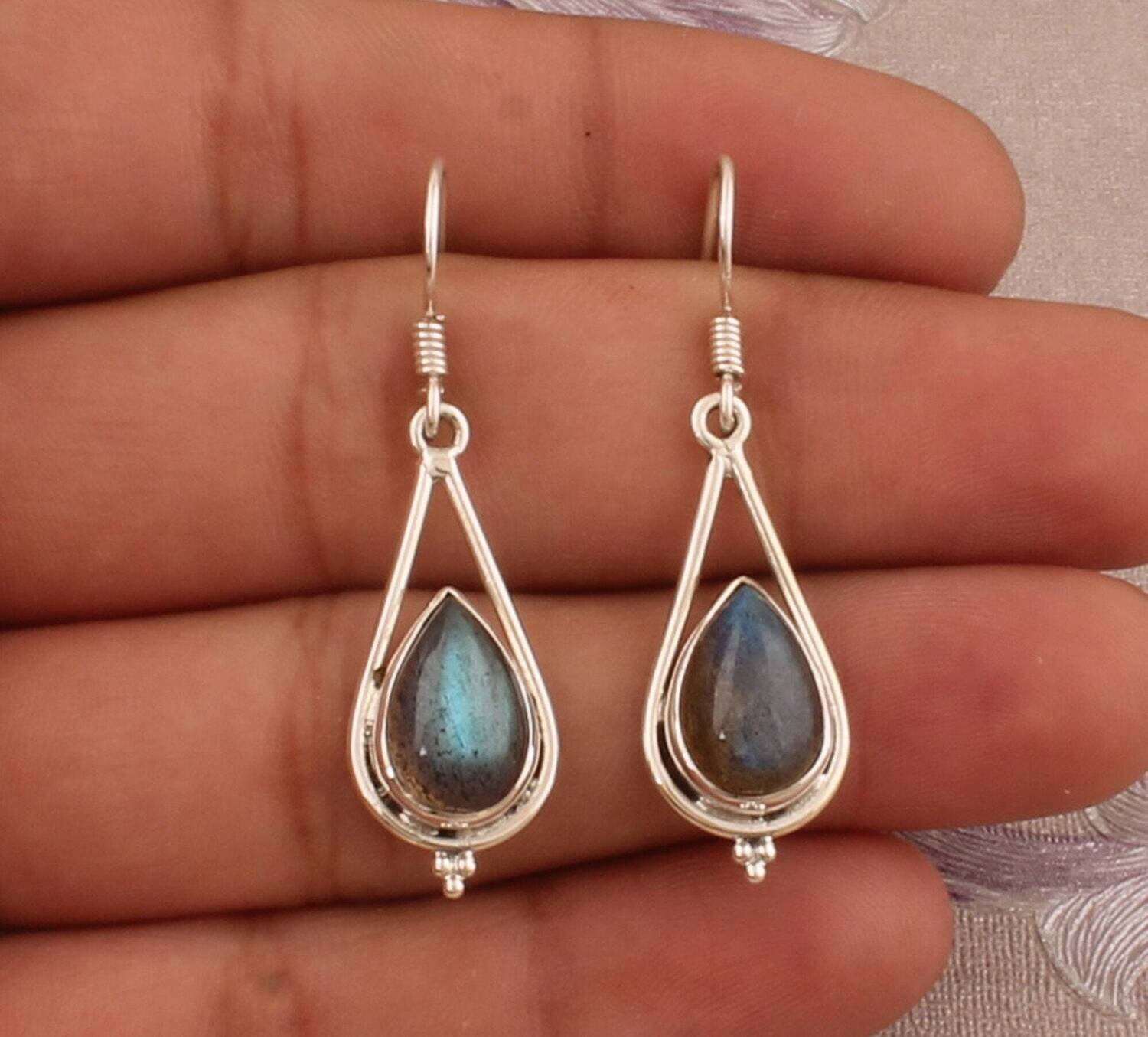 925 Sterling Silver Natural Labradorite Gemstone Earrings, Designer Handmade Pear Silver Earrings, Valentine's Day Earrings