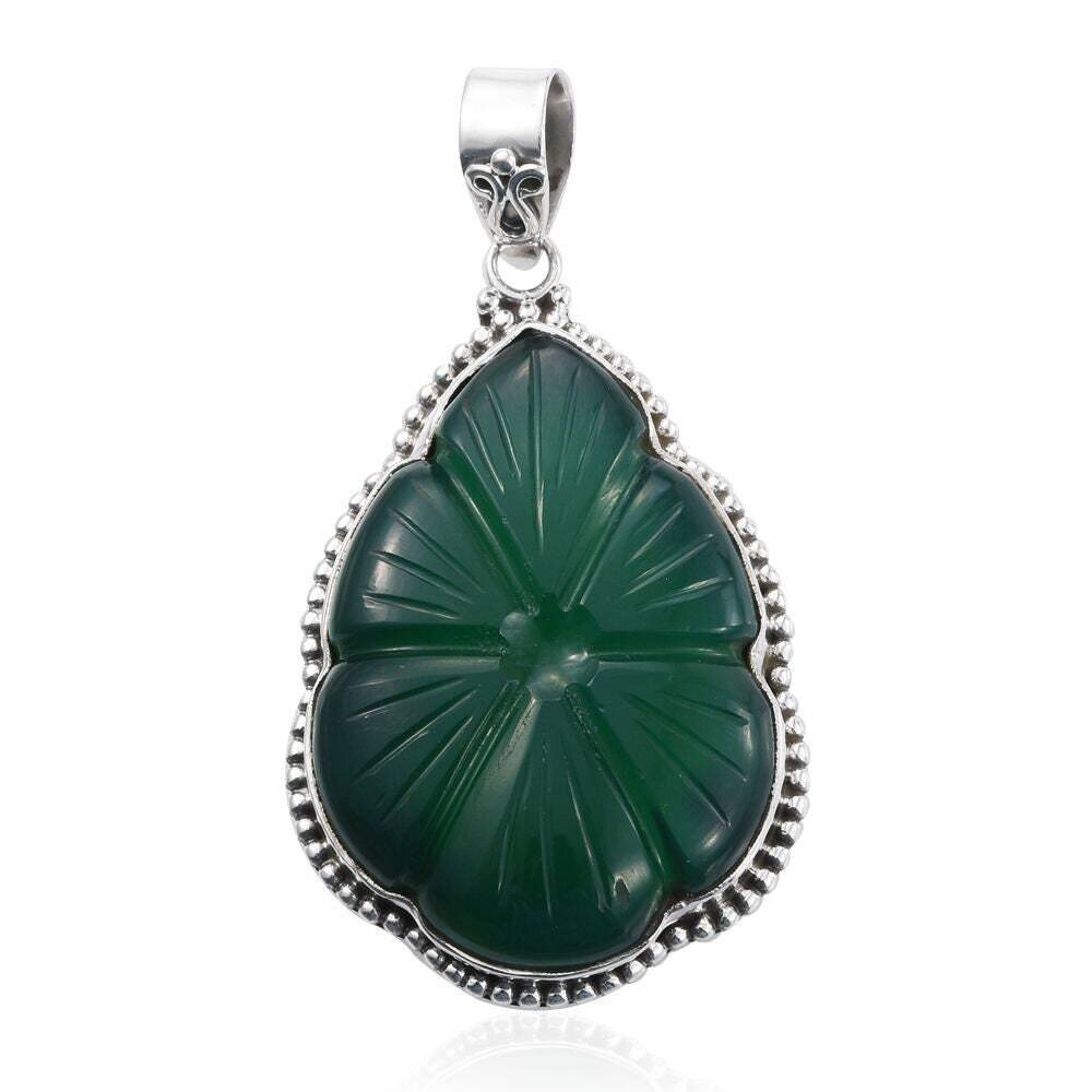 Solid 925-Sterling Silver Pendant Natural Green Jade Gemstone Carving Stone Boho Pendant Handmade With Charm Pendant Gift For Anniversary