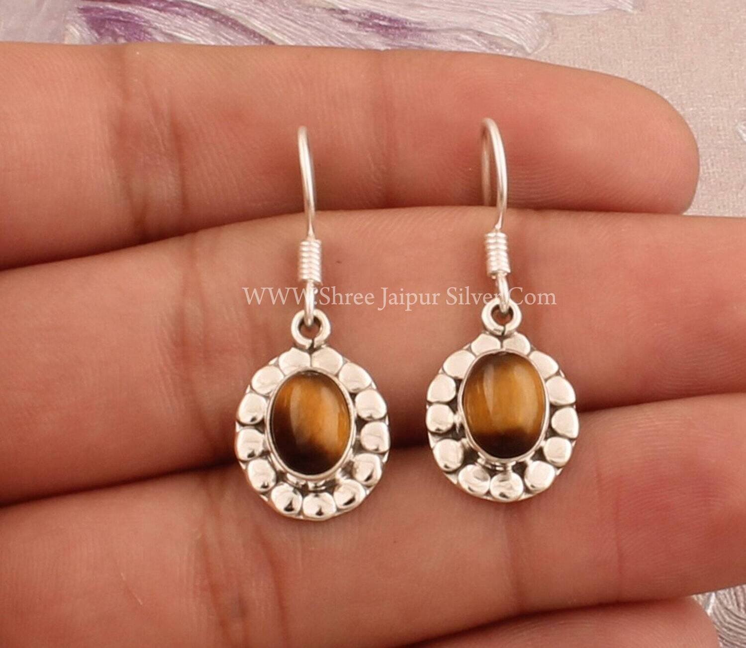 925 Sterling Silver Tiger Eye Oval EarringBirthstone