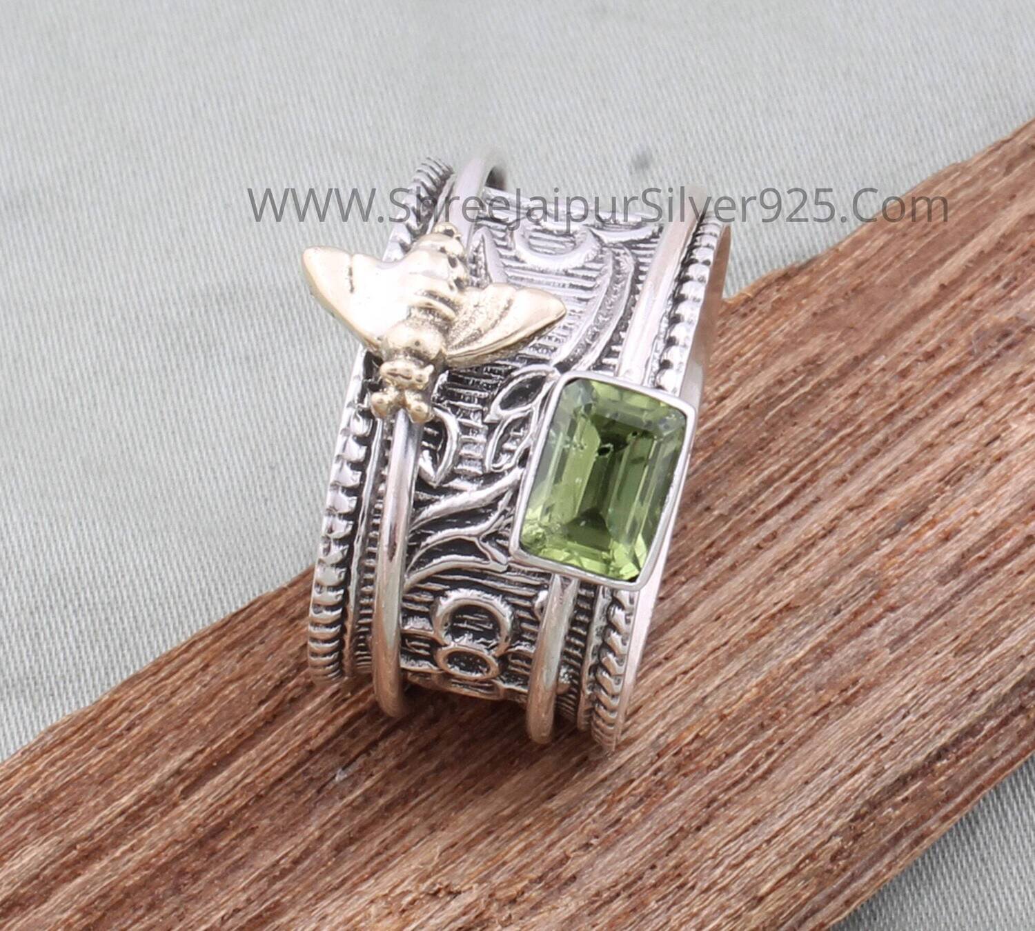 925 Sterling Silver & Brass Peridot Spinner Ring, Handmade Honey Bee Engraved Wide Band Fidget Anxiety Ring Gifts For Her Anniversary Gift