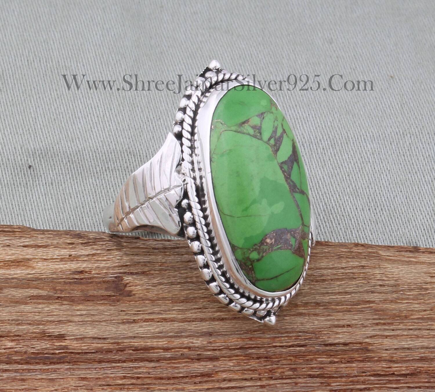 Hand Carved Leaves Green Copper Turquoise Solid 925 Sterling Silver Ring For Women, Designer Handmade Oval Stone Ring For Wedding Jewelry