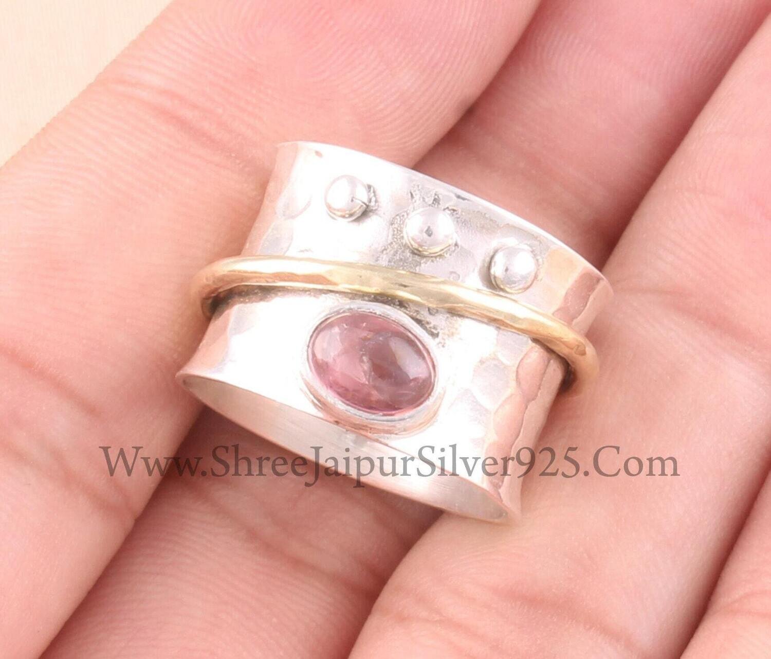 Pink Tourmaline Solid 925 Sterling Silver Spinner Ring For Women, Handmade Hammered Band Two Tone Anxiety Fidget Ring Gifts For Her