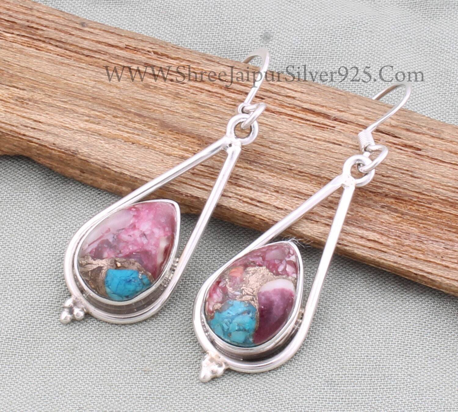Mix Spiny Copper Turquoise Pear Gemstone Solid 925 Sterling Silver Earrings For Women, Handmade Silver Earrings For Wedding Anniversary Gift