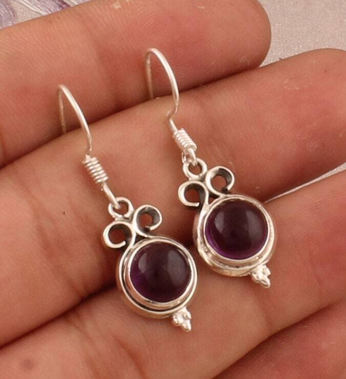 925 Sterling Silver Amethyst &amp; Labradorite Round Shape Gemstone Earrings, Designer Silver Earrings, Handcrafted Gemstone Earrings, Gift idea