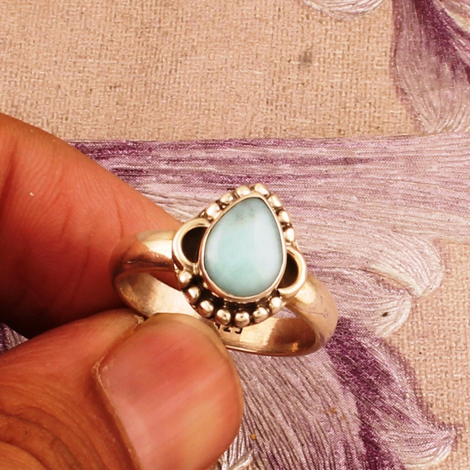Handcrafted Ring With Natural Larimar Gemstone Ring Cabochon Stone Boho Ring Solid 925- Sterling Silver Ring,Girls Middle Finger Ring