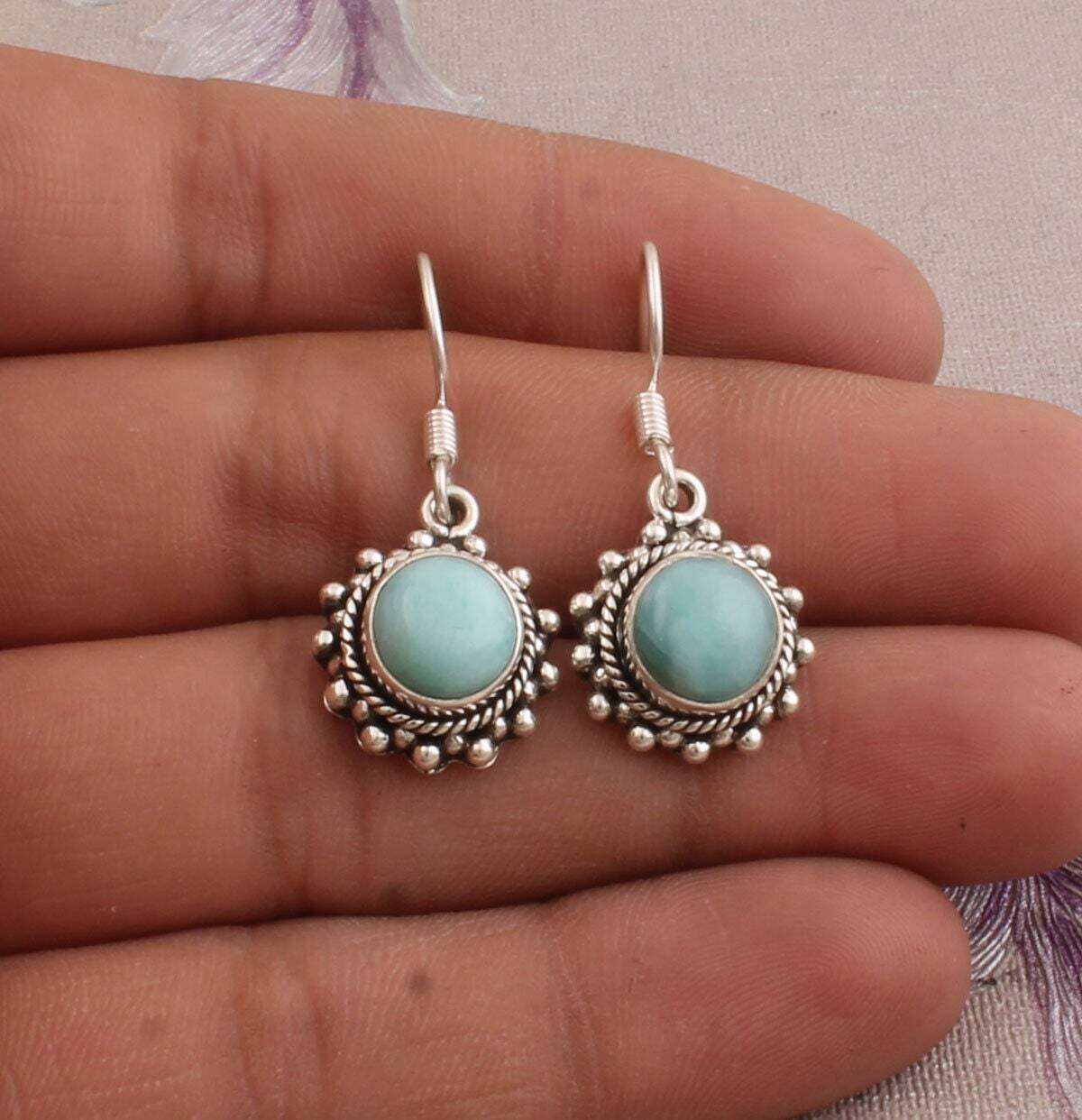 Natural Larimar Gemstone Earring,Top Quality Cabochon Opaque Earring 925,Antique Silver Earring,Sterling Silver Earring,Valentine's Day Gift