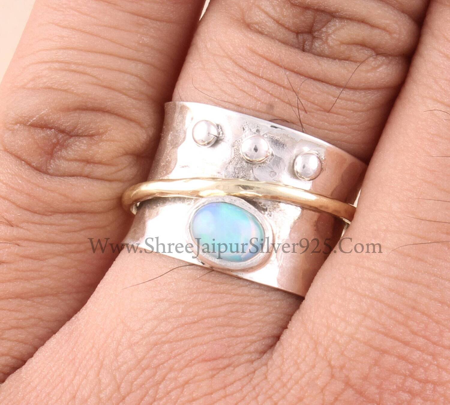 Natural Ethiopian Opal Solid 925 Sterling Silver Spinner Ring For Women, Handmade Hammered Band Two Tone Anxiety Fidget Ring Gifts For Her