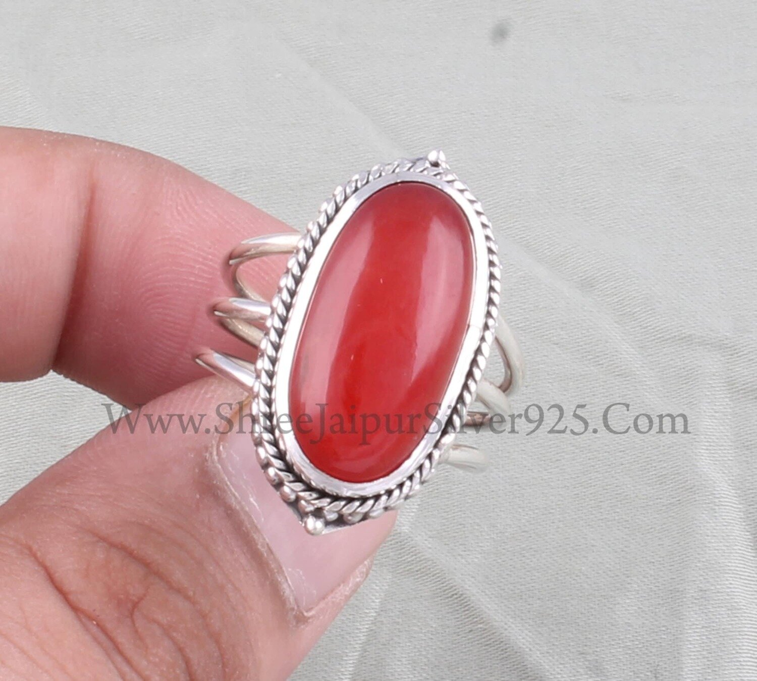 long Oval Shape Gemstone Three Layer Ring, 925 Sterling Silver Big Stone Ring, Designer Handmade Rope Silver Ring, Engagement Ring Idea