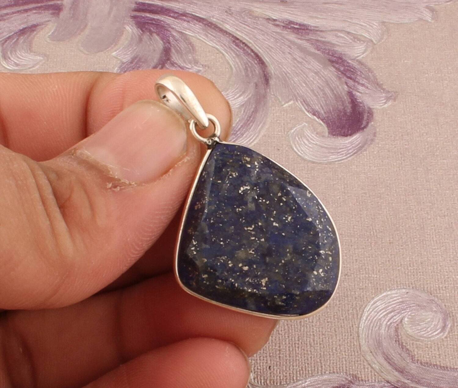 925 Sterling Silver Lapis Lazuli Rose Cut Gemstone Necklace Pendant, Boho Bezel Set Fancy Silver Pendant, Valentine's Day, Etsy Cyber 2021