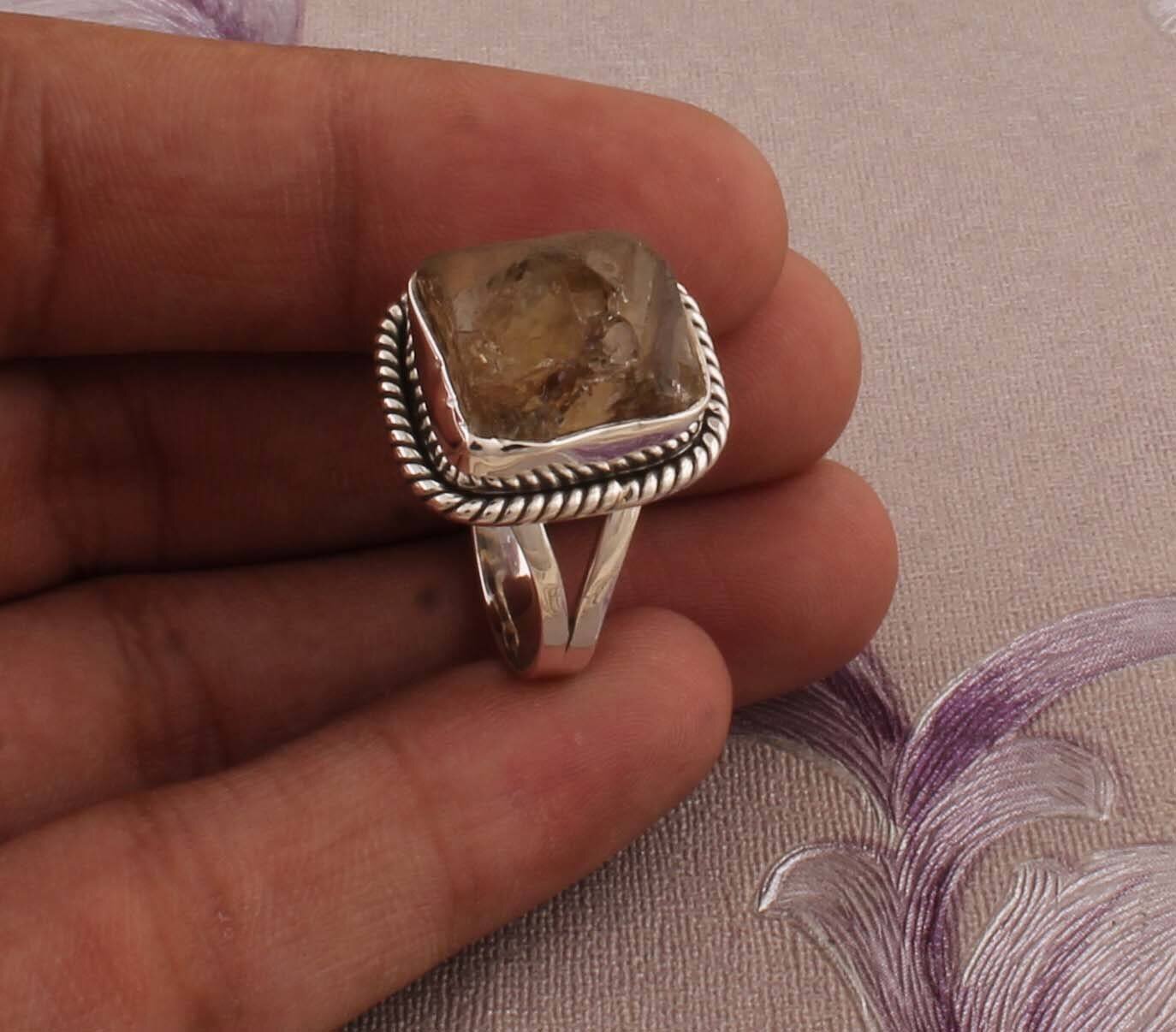 AAA+Quality Natural Citrine Raw Gemstone Ring 925-Sterling Silver Ring,Antique Silver Ring Middle Finger Ring Gift Item Raw RingCyber2021