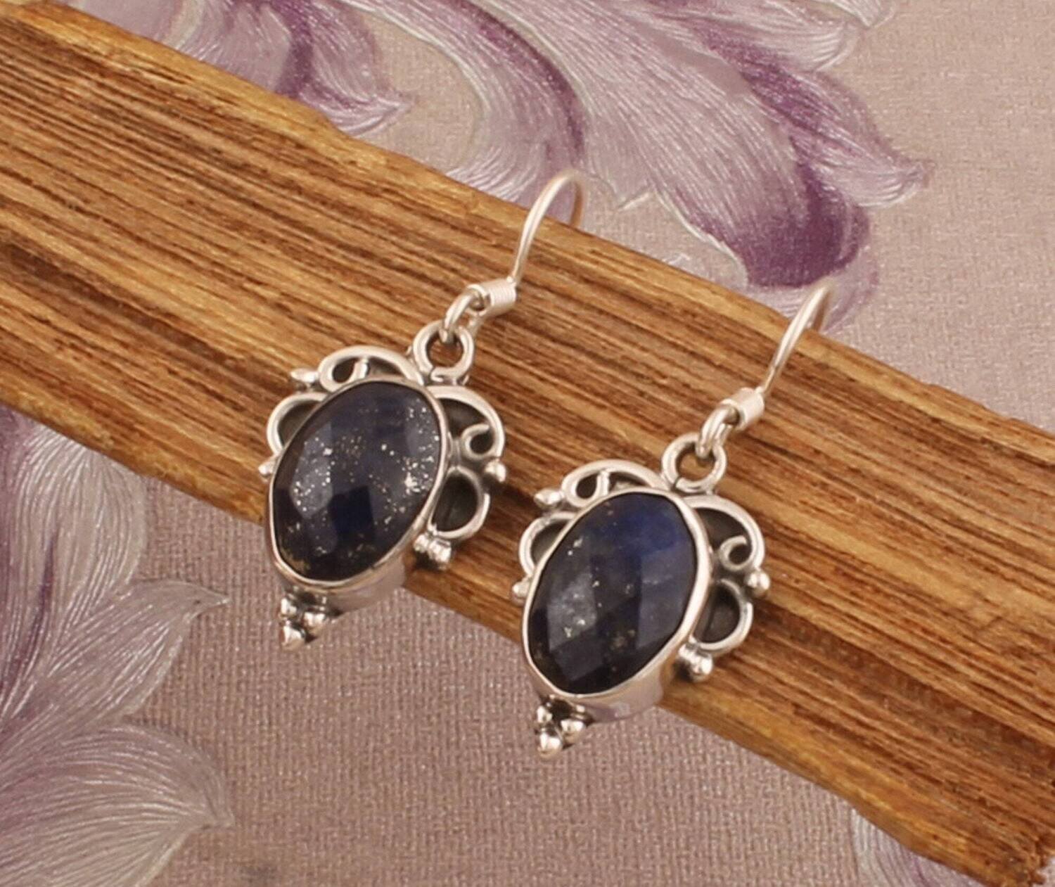 925 Sterling Silver Lapis Lazuli Earrings, Designer Handmade Faceted Oval Boho Silver Earrings, Valentines Day Gift Jewelry, Etsy Cyber 2021
