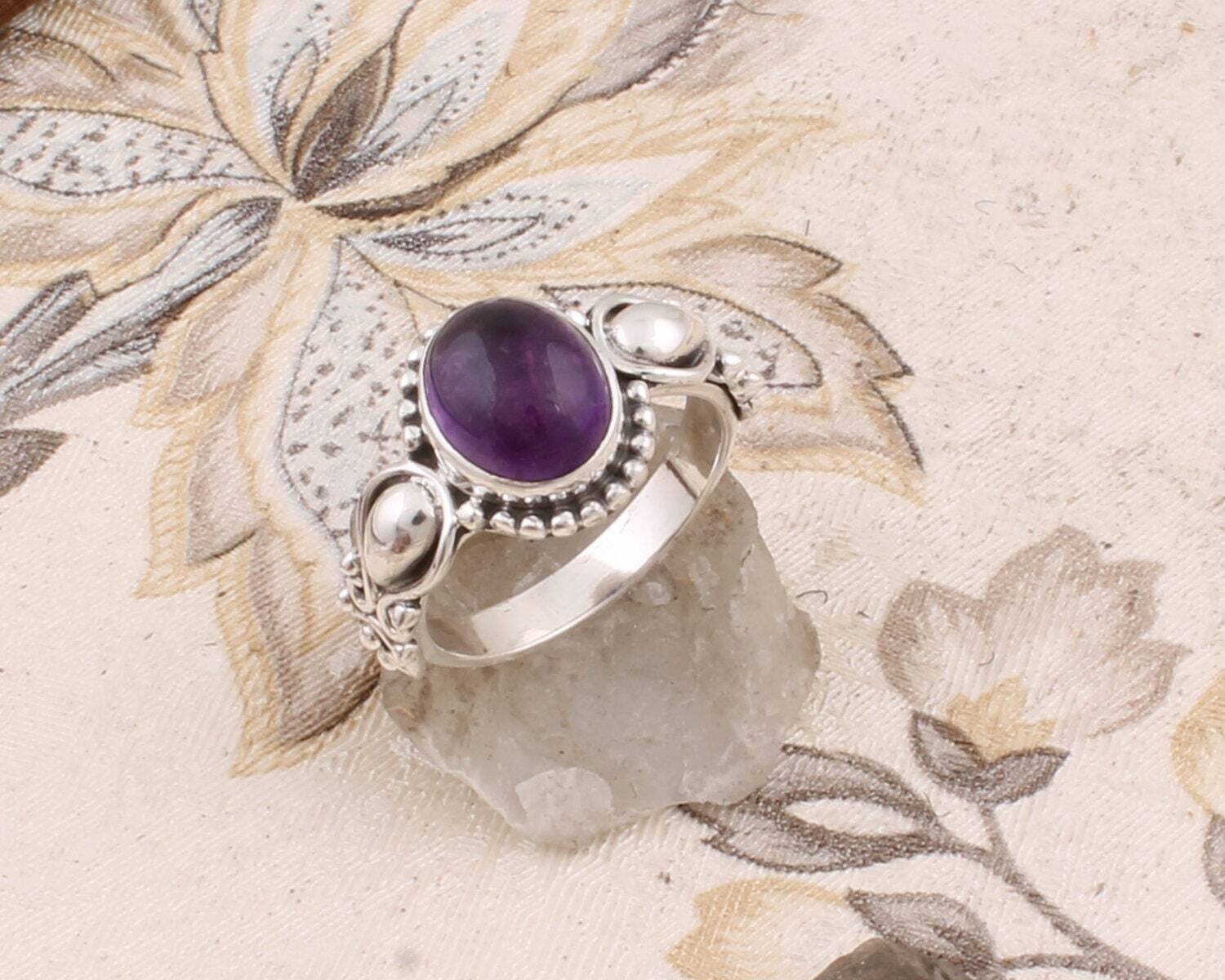 Amethyst AAA+Quality Gemstone Ring Cabochon Oval Stone Boho Ring 925-Adjustable Silver Ring,Ring Finger Ring ETSY CYBER-2022 Birthstone