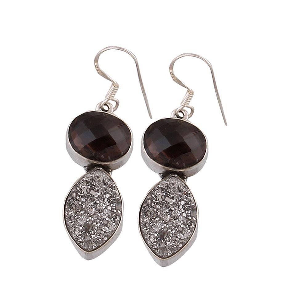 Solid 925 Sterling Silver Natural Smoky Quartz &amp; Druzy Designer Earrings For Women Wedding Anniversary Gifts IdeaBirthstone
