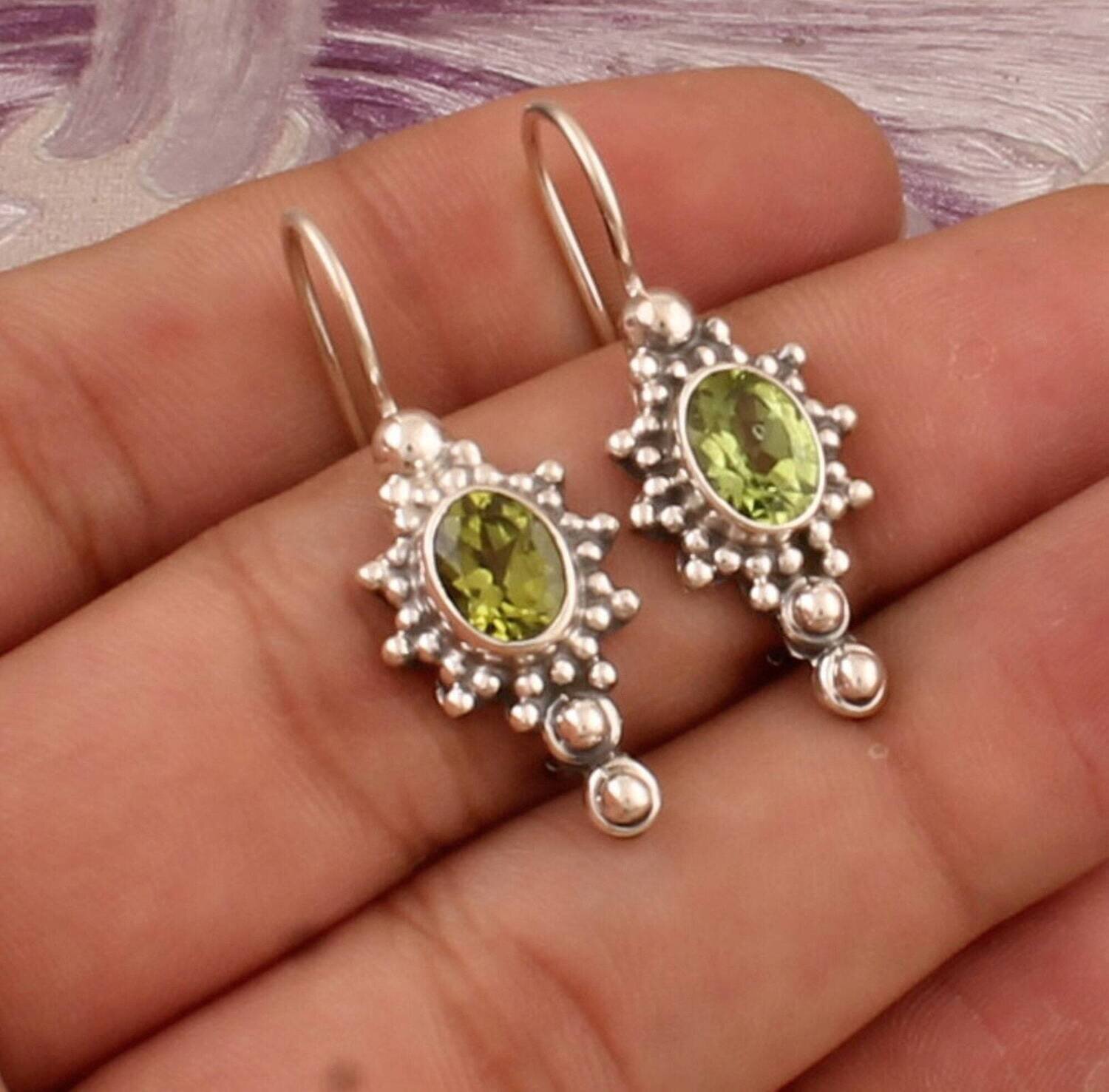 Designer Dotted Silver Earrings, Multi Oval Shape Gemstone Earrings, 925 Sterling Silver Earrings, Handcrafted Gemstone Earrings, Gift Idea