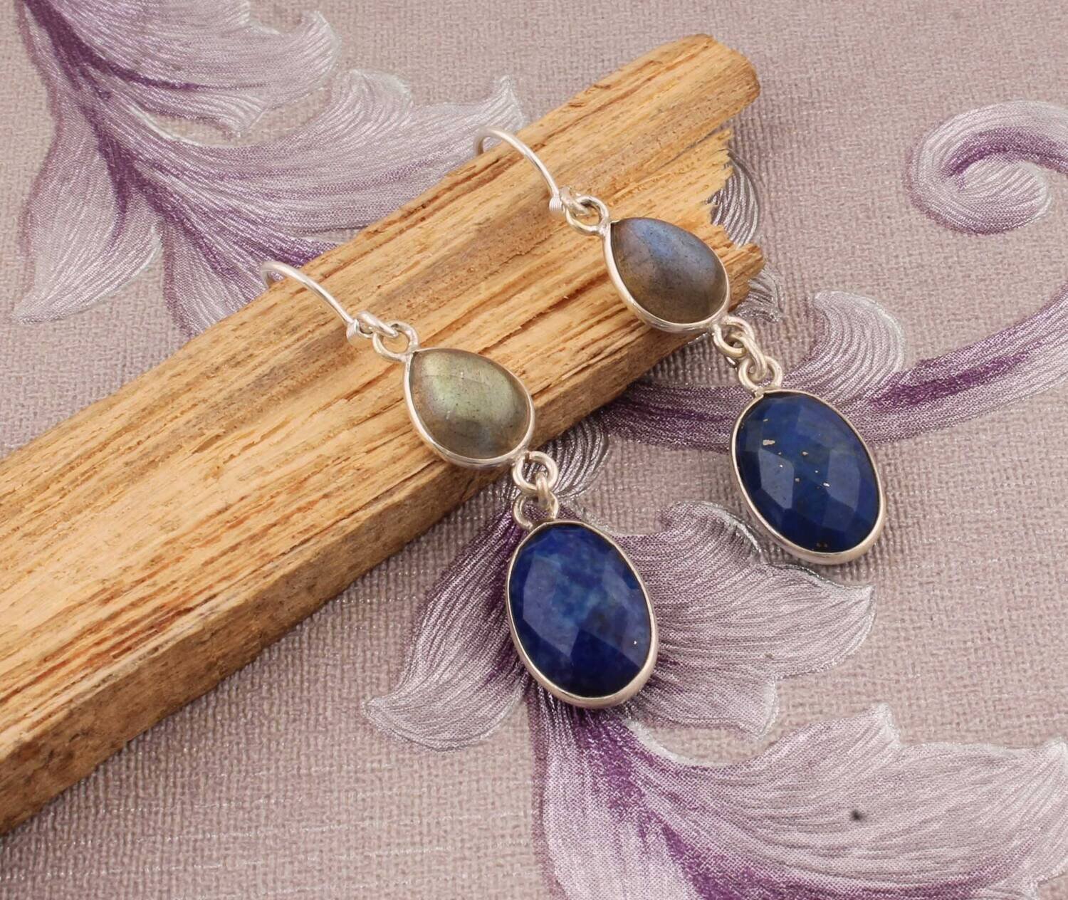 Silver Gemstone's Earring Labradorite+Lapis Gemstone Earring 925-Sterling Silver Earring Big Size Earring One-Of-Kind ItemCyber2021