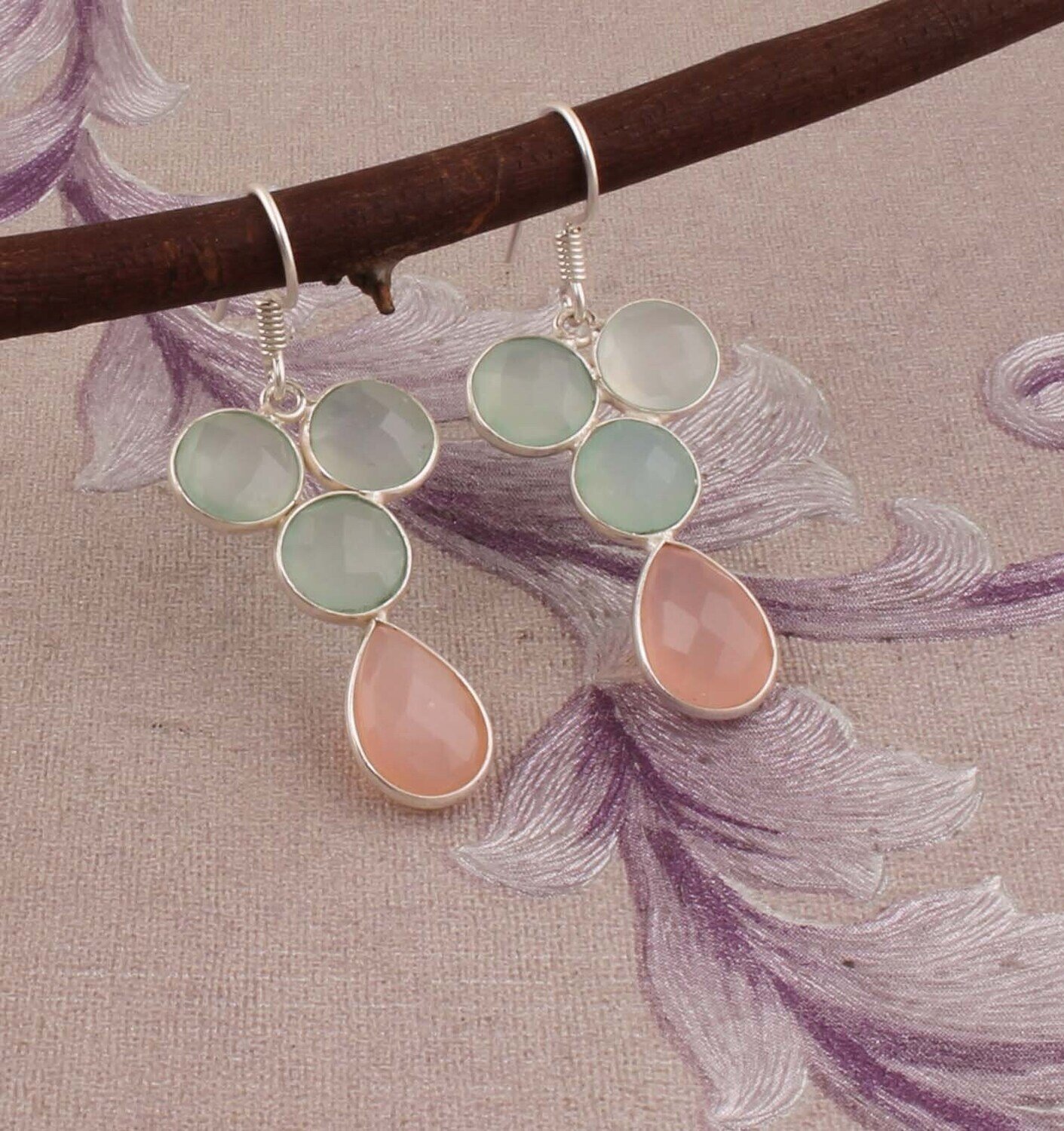 Combo Gemstone Earring Aquacalci+Rose Quartz Stone Earring 925-Sterling Solid Silver Earring,Four Stone Earring Long EarringCyber2021