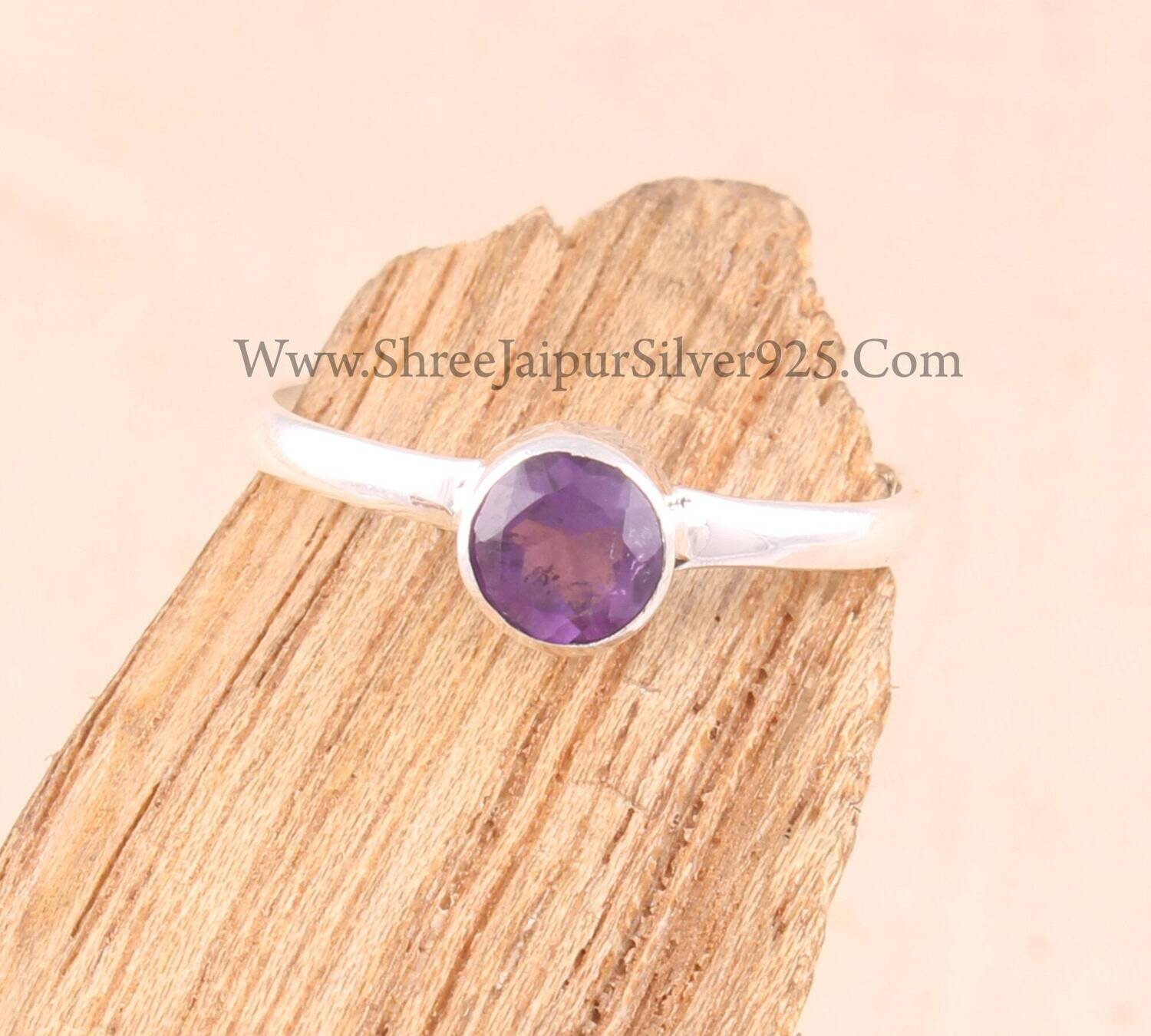 Natural Amethyst Round Cut Stone Solid 925 Sterling Silver Ring For Women, Handmade Silver Stacking Tiny Ring For Wedding Anniversary Gifts