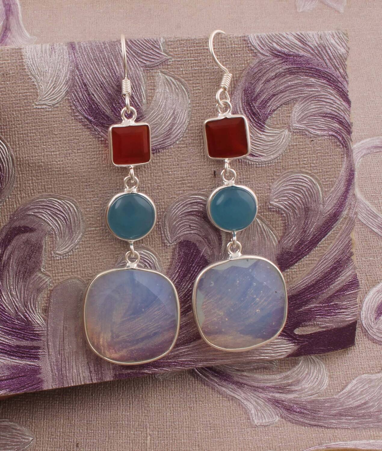 Combo Gemstone Earring Red Onyx+Blue Jade+Moonstone Stone Earring 925-Sterling Solid Silver Earring,Three Stone Earring Long Earring