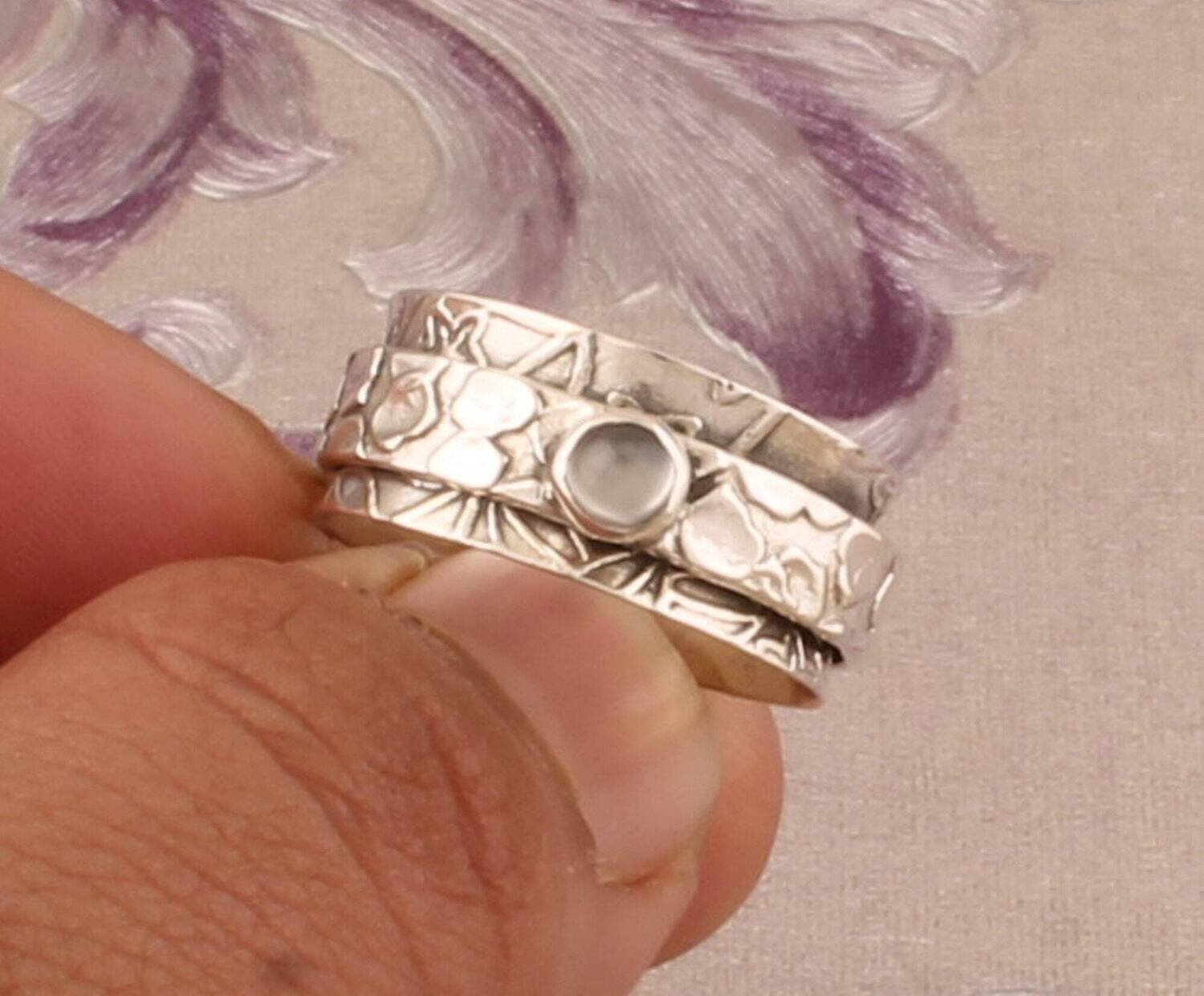 925 Sterling Silver White Moonstone Spinner Ring, Handmade Silver Meditation Ring, Boho Worry Ring Valentines Day Gift idea, Etsy Cyber 2021