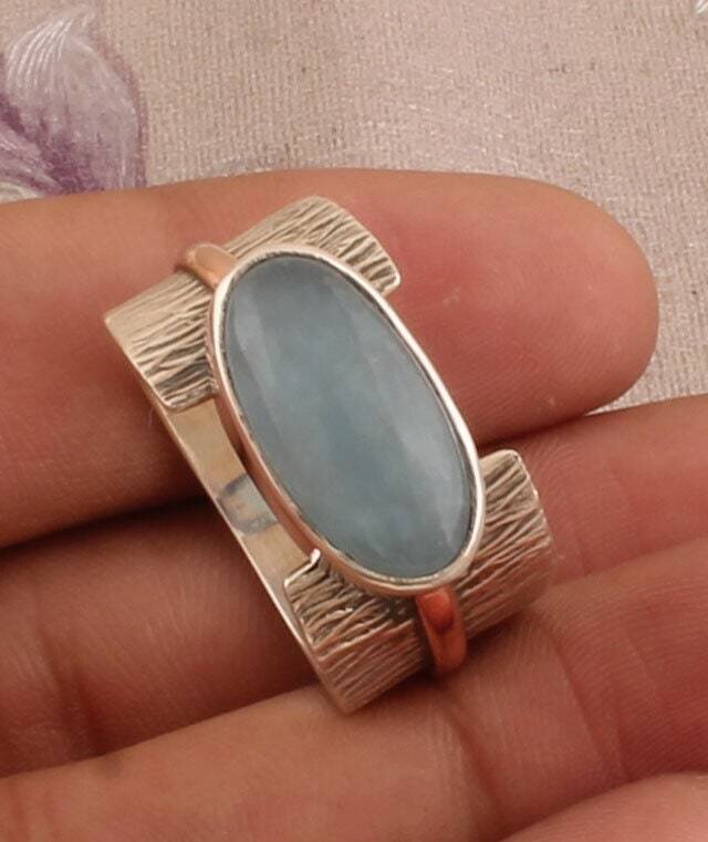 Aquamarine Natural Gemstone Ring,Silver Band Ring,925-Sterling Silver Ring,Spinner Ring,Antique Silver Ring,Thumb Ring,Two Tone Ring